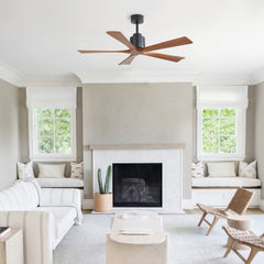 52-inch Matte Black Ceiling Fan without Light - Walnut Wood Blades, Remote Control , Reversible DC Motor