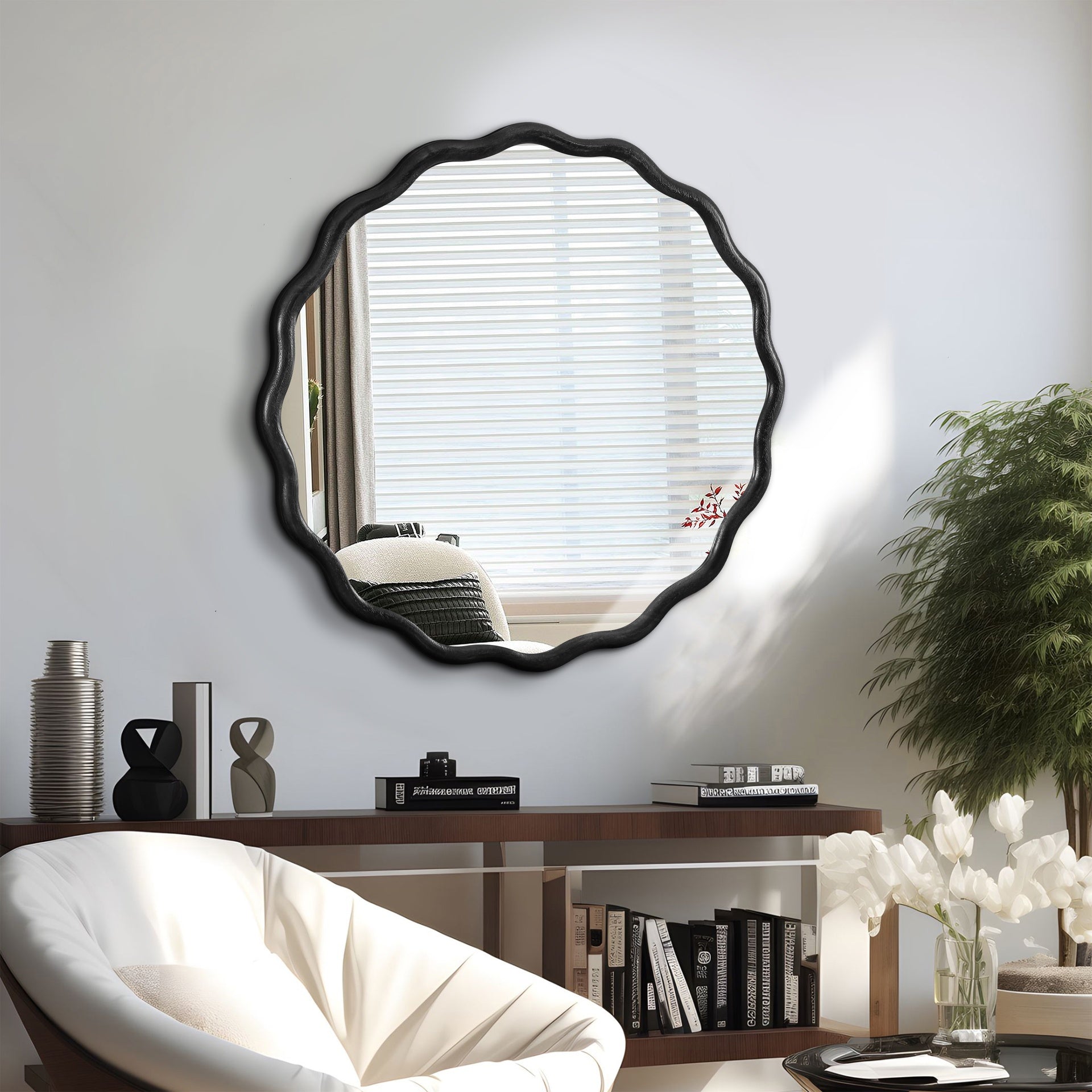 Solid Wood Wavy Mirror-Black Mirror Wall Decor 31" x 31" Modern Mirror Wall Decor for Bathroom, Bedroom, Living Room, Dining Room, Cloakroom, Entryway