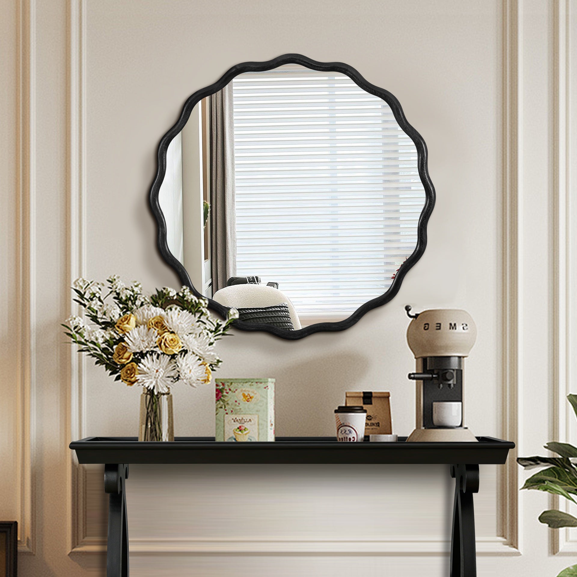 Solid Wood Wavy Mirror-Black Mirror Wall Decor 31" x 31" Modern Mirror Wall Decor for Bathroom, Bedroom, Living Room, Dining Room, Cloakroom, Entryway