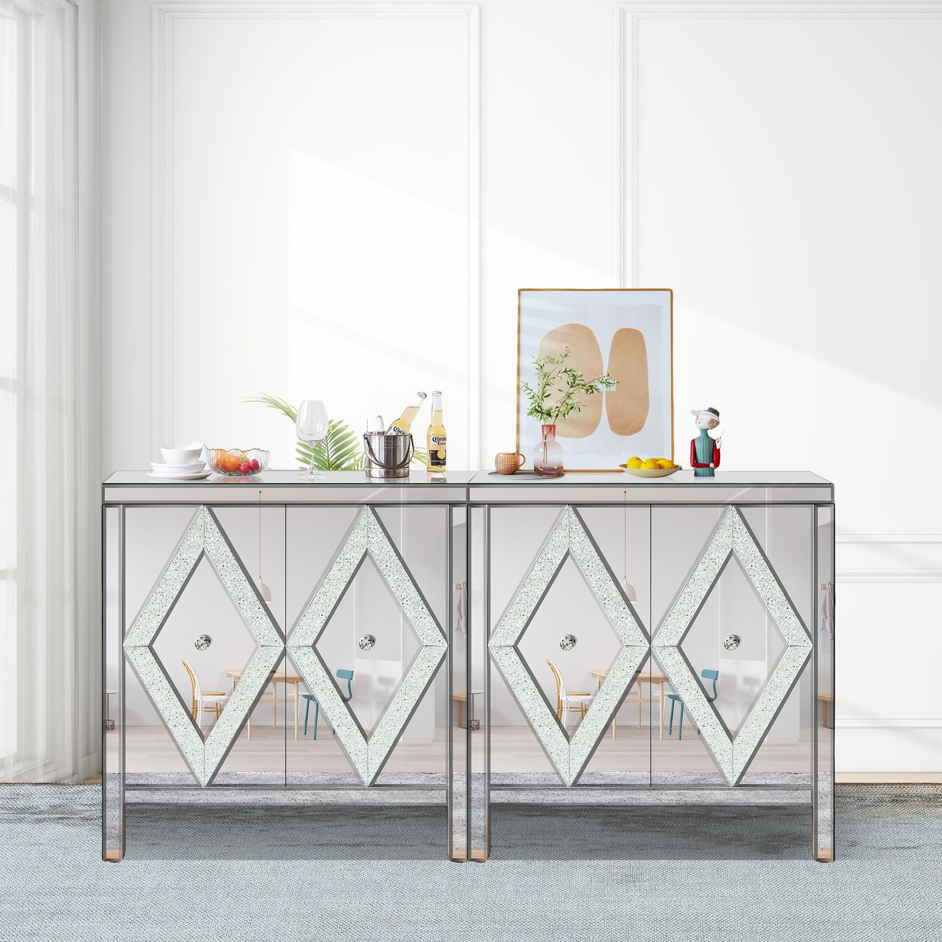 Storage Cabinet With Mirror Trim And Diamond Shape Design  Spliced Combination For Living Room, Dining Room, Entryway, Kitchen