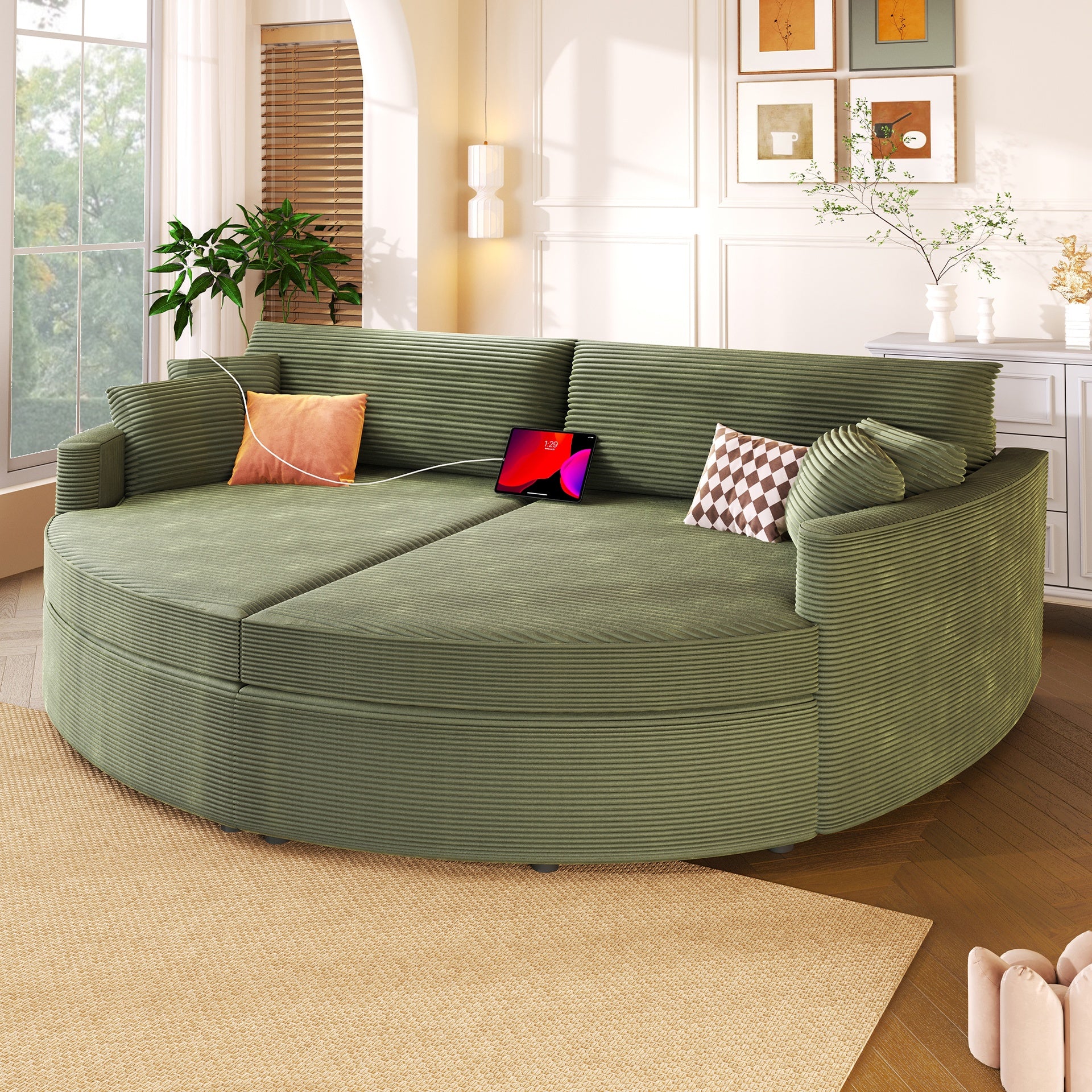 Oversized Double Chaise Lounge Sofa 102.3" Sofa Bed Upholstered Loveseat Sofa Couch with Deep Seat and USB Ports for Living Room, Green
