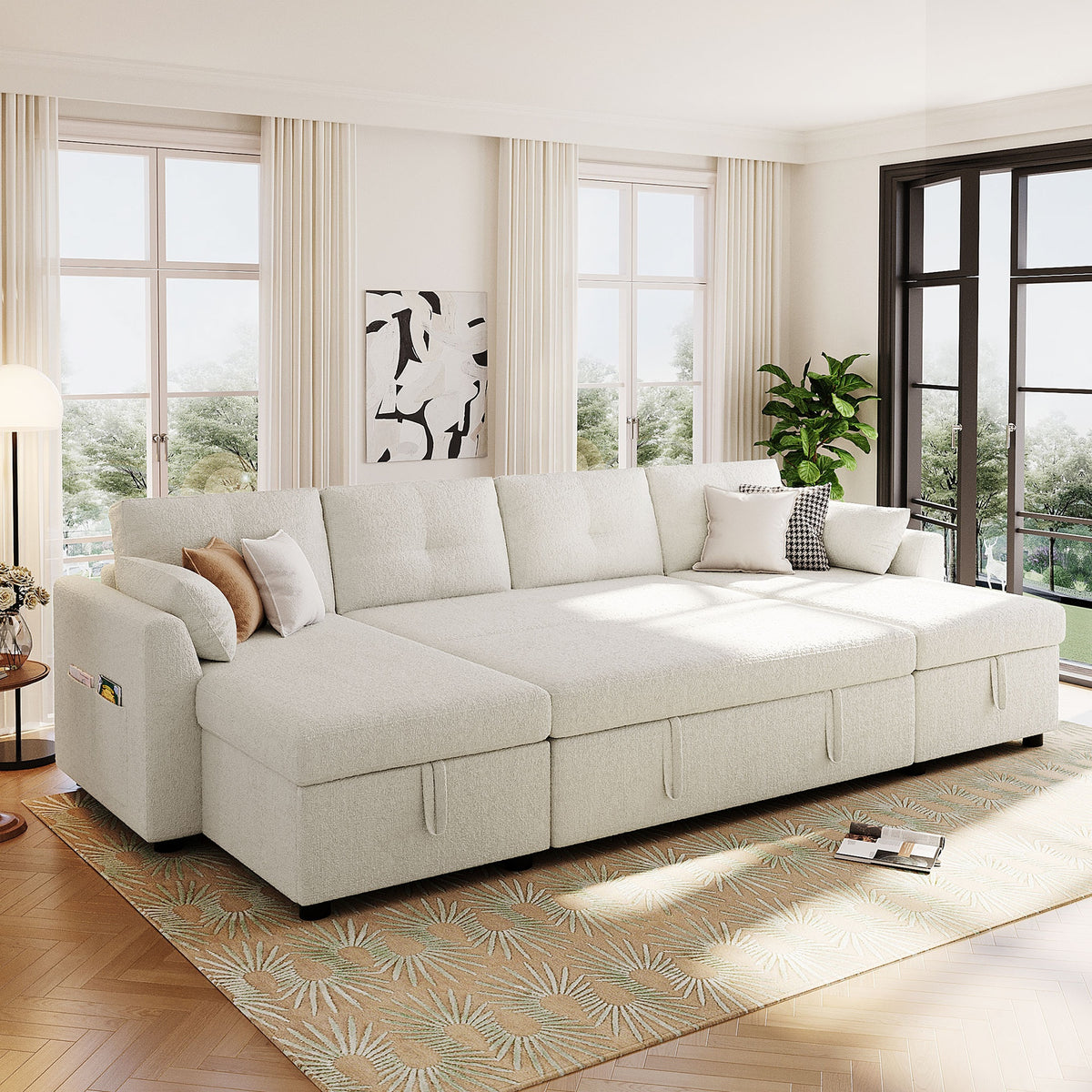 Modern Sectional Sofa U-shaped Sleeper Sofa 107" Sofa Bed with Ample Storage Space and USB ports for Living Room, Beige