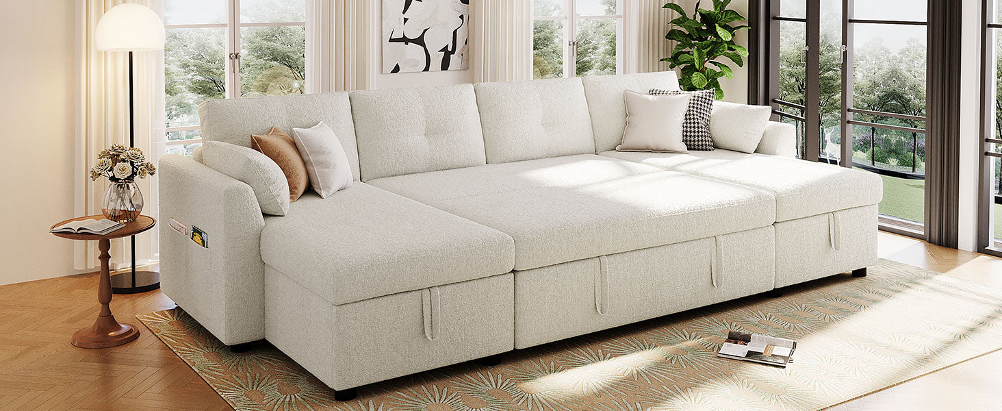 Modern Sectional Sofa U-shaped Sleeper Sofa 107" Sofa Bed with Ample Storage Space and USB ports for Living Room, Beige