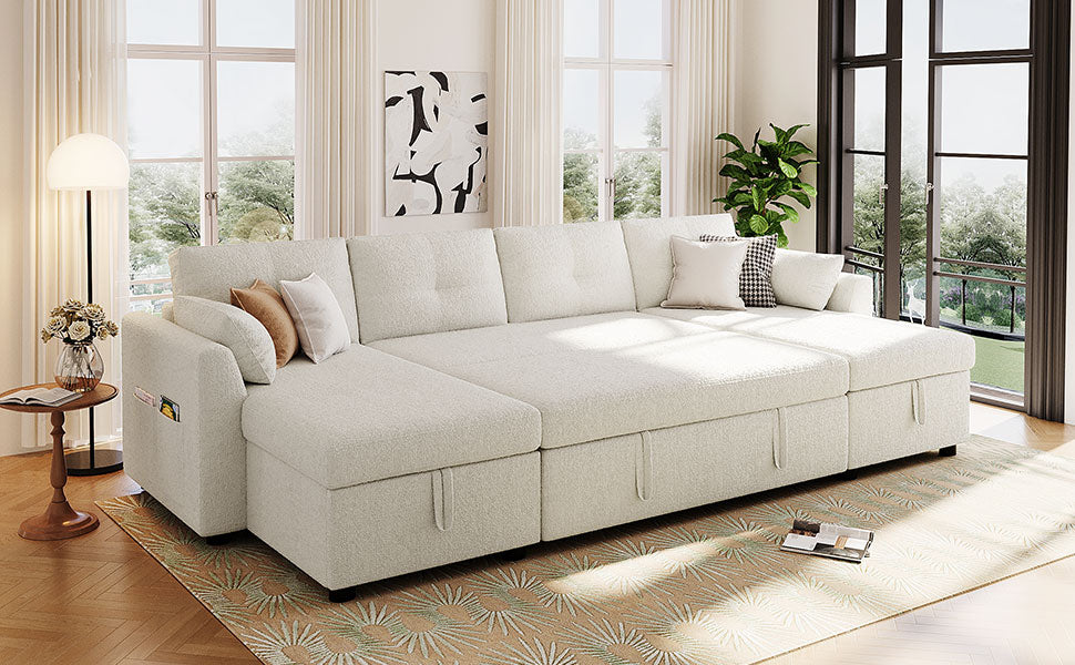 Modern Sectional Sofa U-shaped Sleeper Sofa 107" Sofa Bed with Ample Storage Space and USB ports for Living Room, Beige