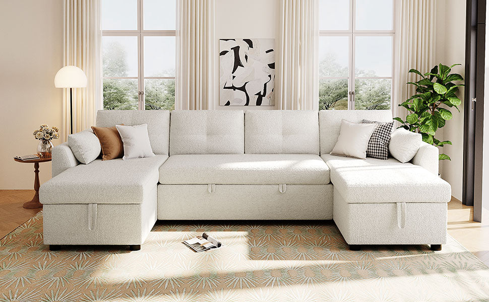 Modern Sectional Sofa U-shaped Sleeper Sofa 107" Sofa Bed with Ample Storage Space and USB ports for Living Room, Beige