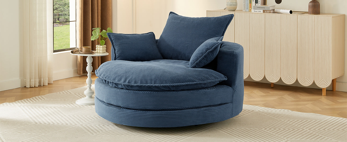 360° Swivel Sofa Chair Accent Barrel Chair 57.5"  Swivel Round Chair with Dual-layer Cushion Design and 3 Removable Pillows for Living Room, Bedroom, Office and Hotel, Blue
