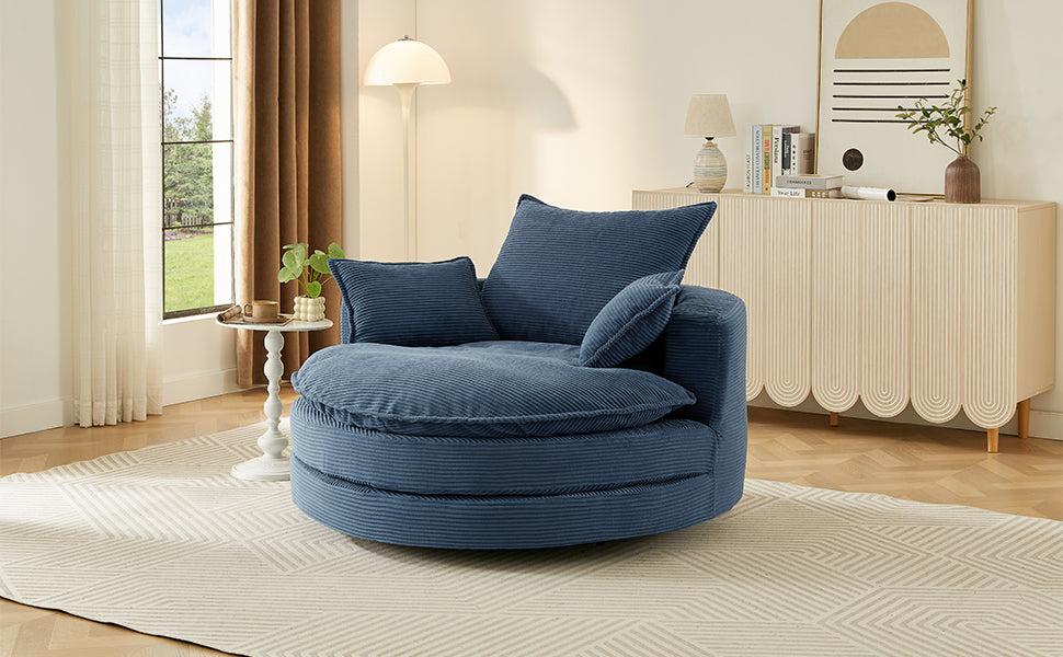 360° Swivel Sofa Chair Accent Barrel Chair 57.5"  Swivel Round Chair with Dual-layer Cushion Design and 3 Removable Pillows for Living Room, Bedroom, Office and Hotel, Blue