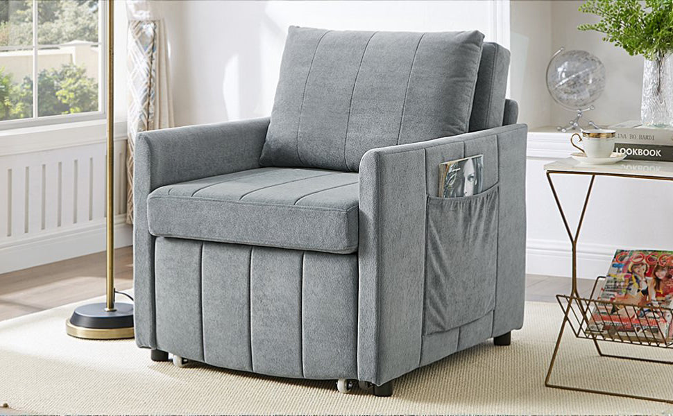 Upholstered Convertible Sleeper Sofa, 31.5" Pull Out Sofa Bed with 5-Position Adjustable Backrest, Side Pockets and a Storage Basket, Fold Out Chair Bed, Lounger For Living Room, Apartment, Grey
