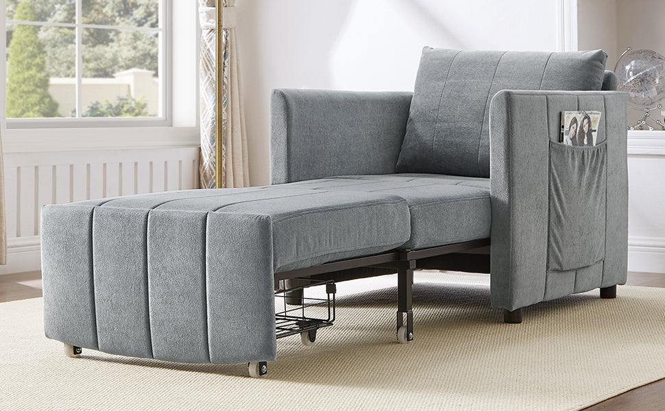 Upholstered Convertible Sleeper Sofa, 31.5" Pull Out Sofa Bed with 5-Position Adjustable Backrest, Side Pockets and a Storage Basket, Fold Out Chair Bed, Lounger For Living Room, Apartment, Grey