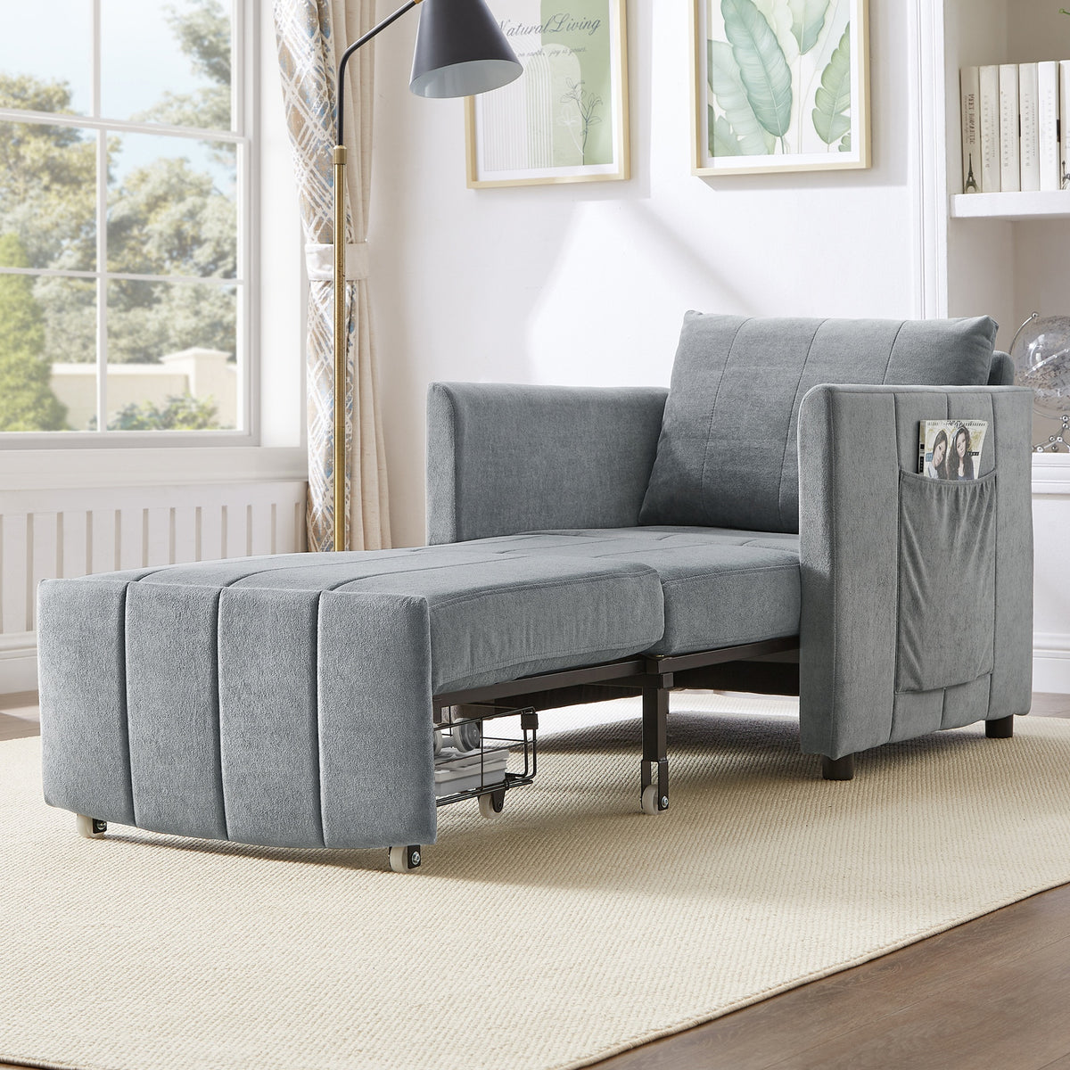 Upholstered Convertible Sleeper Sofa, 31.5" Pull Out Sofa Bed with 5-Position Adjustable Backrest, Side Pockets and a Storage Basket, Fold Out Chair Bed, Lounger For Living Room, Apartment, Grey