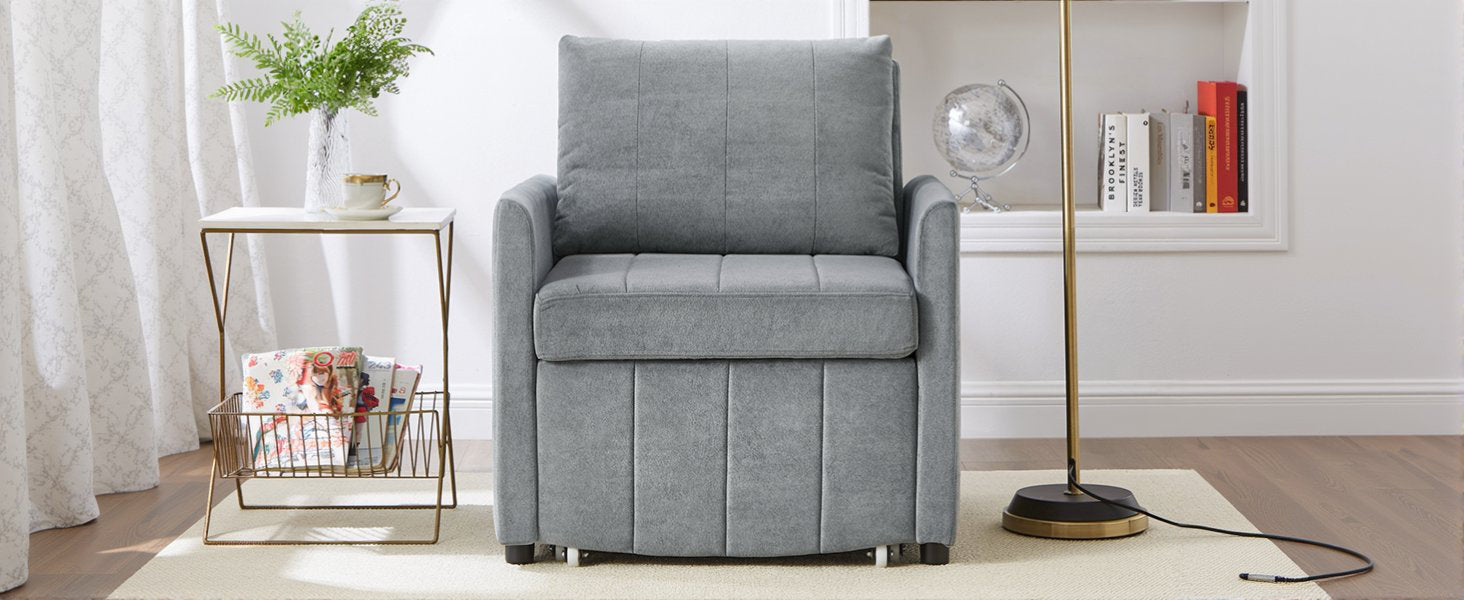 Upholstered Convertible Sleeper Sofa, 31.5" Pull Out Sofa Bed with 5-Position Adjustable Backrest, Side Pockets and a Storage Basket, Fold Out Chair Bed, Lounger For Living Room, Apartment, Grey