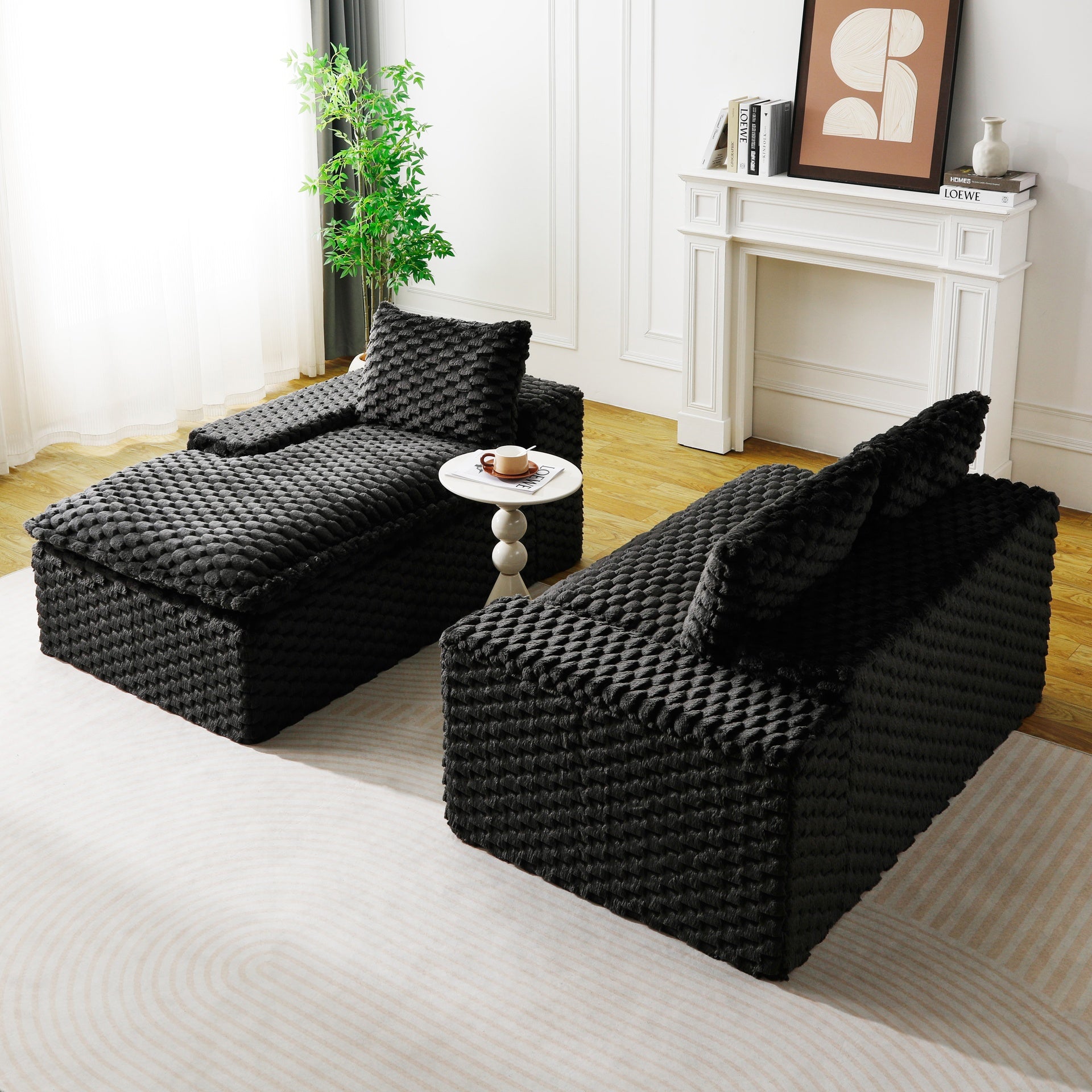 Black Turtle Velvet Versatile Sofa: Convertible Twin-Seat with Left Chaise Lounge (Plush Reclining Lounger for Leisure Comfort), Featuring Face-to-Face Seating, Switchable Between L-Shape and Straight