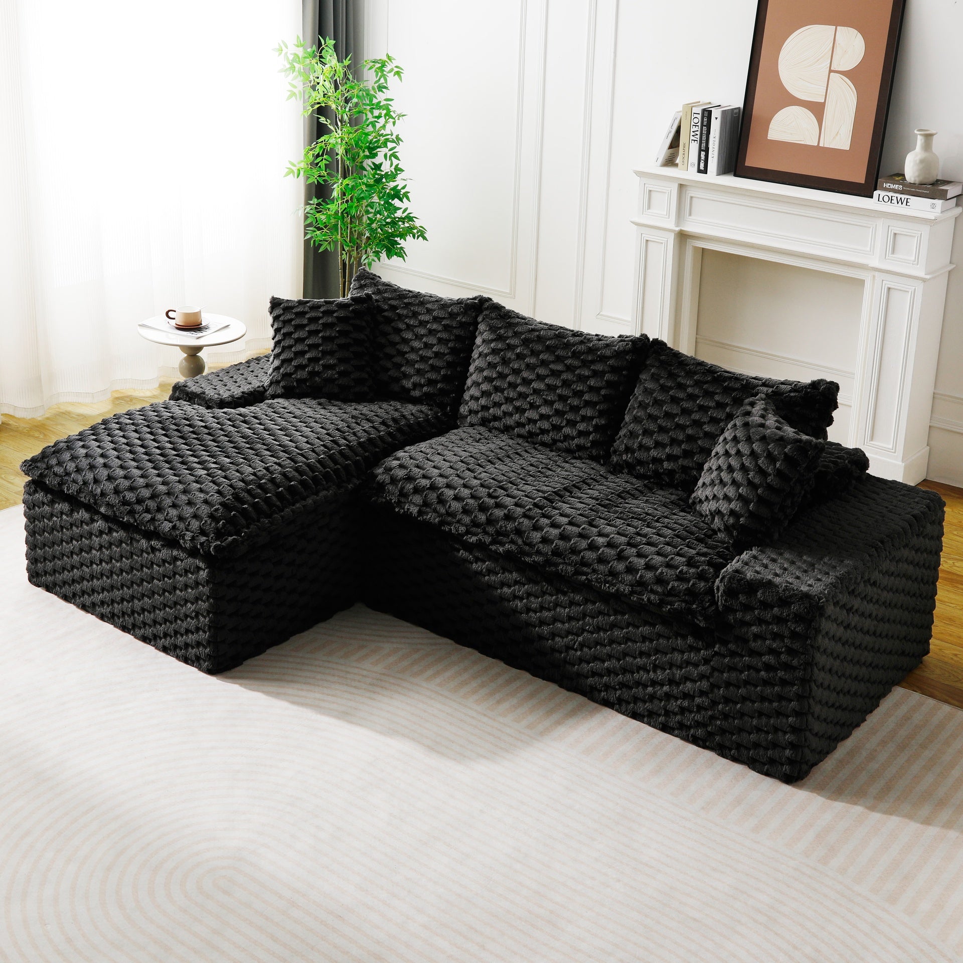 Black Turtle Velvet Versatile Sofa: Convertible Twin-Seat with Left Chaise Lounge (Plush Reclining Lounger for Leisure Comfort), Featuring Face-to-Face Seating, Switchable Between L-Shape and Straight