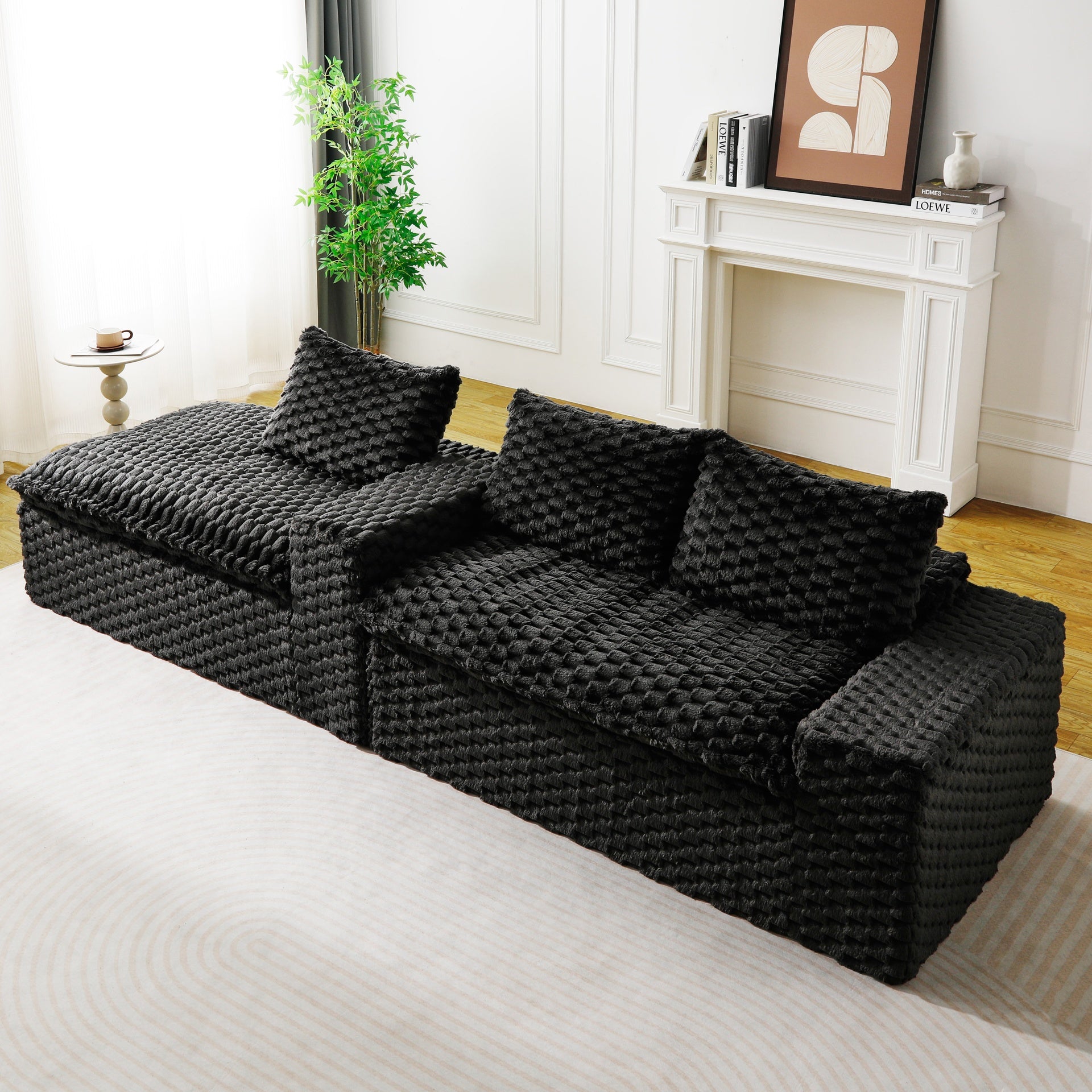 Black Turtle Velvet Versatile Sofa: Convertible Twin-Seat with Left Chaise Lounge (Plush Reclining Lounger for Leisure Comfort), Featuring Face-to-Face Seating, Switchable Between L-Shape and Straight