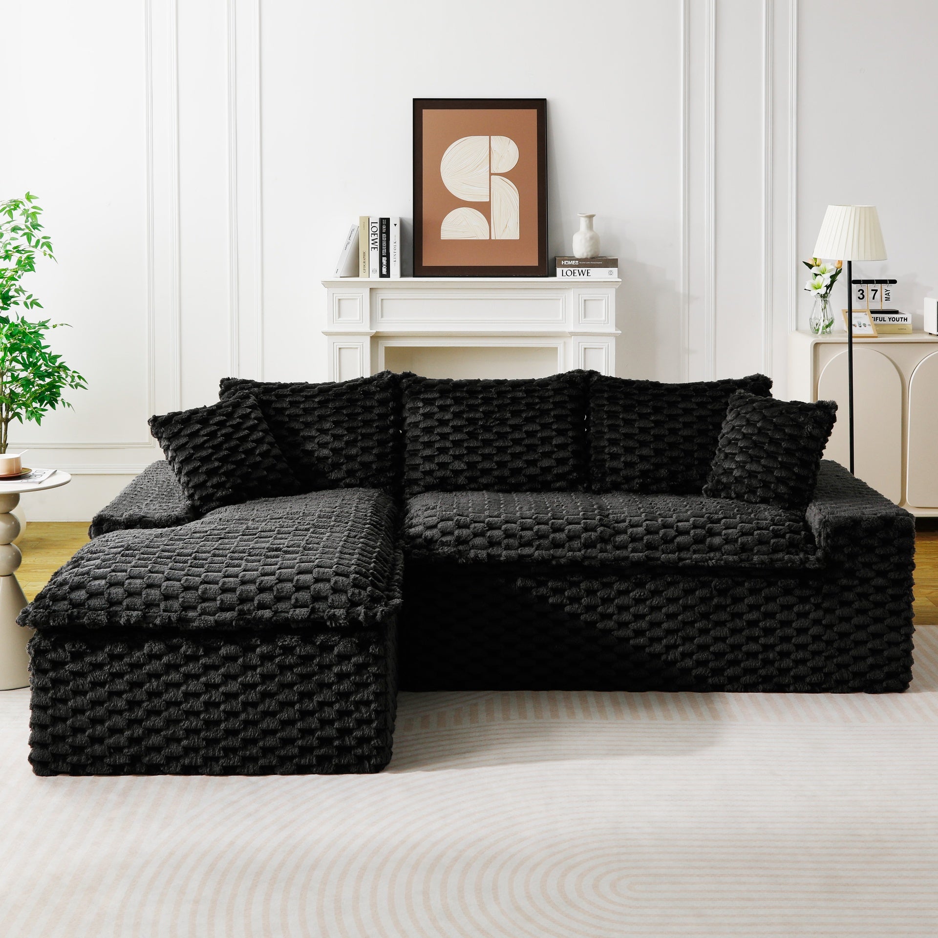 Black Turtle Velvet Versatile Sofa: Convertible Twin-Seat with Left Chaise Lounge (Plush Reclining Lounger for Leisure Comfort), Featuring Face-to-Face Seating, Switchable Between L-Shape and Straight