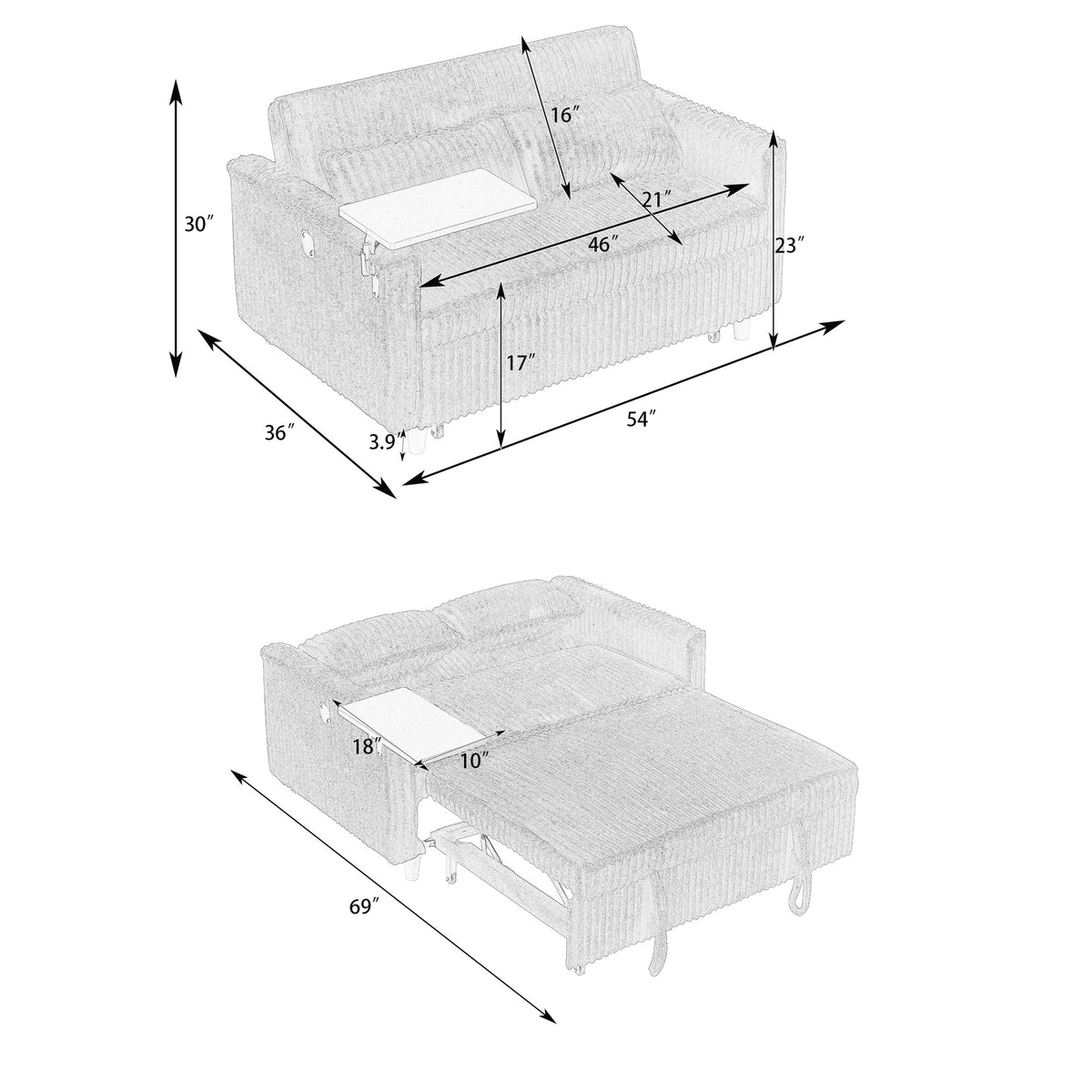 The pull-out and push-in green corduroy sofa with dual functions, equipped with a movable tabletop and USB ports, is suitable for use in living rooms and bedrooms.
