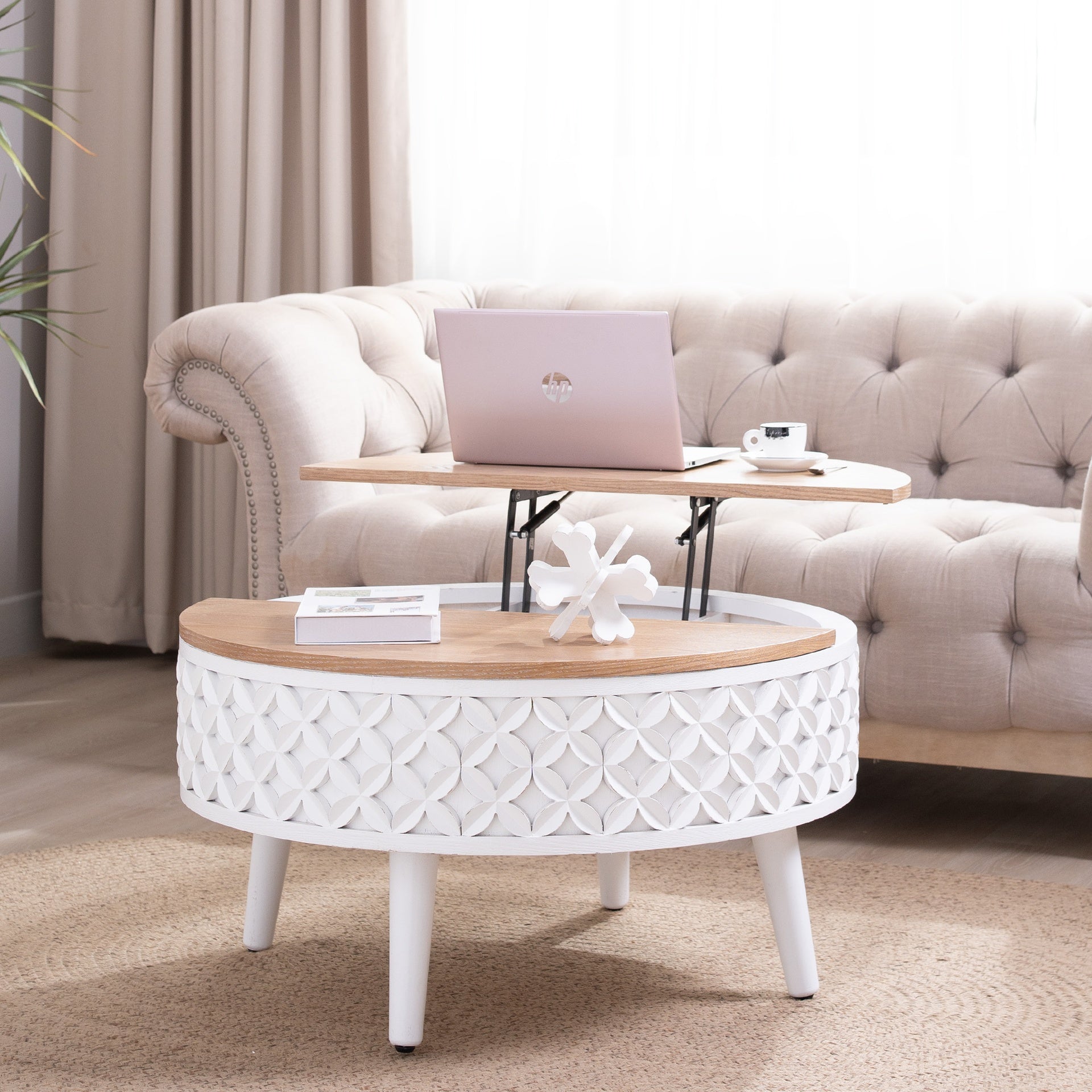Round Coffee Table with Storage – 31.5" Lift-Top Accent Table, Boho Modern Farmhouse Living Room Furniture, White Carved Base with Natural Wood Top