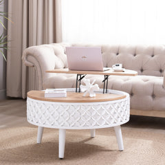 Round Coffee Table with Storage – 31.5" Lift-Top Accent Table, Boho Modern Farmhouse Living Room Furniture, White Carved Base with Natural Wood Top