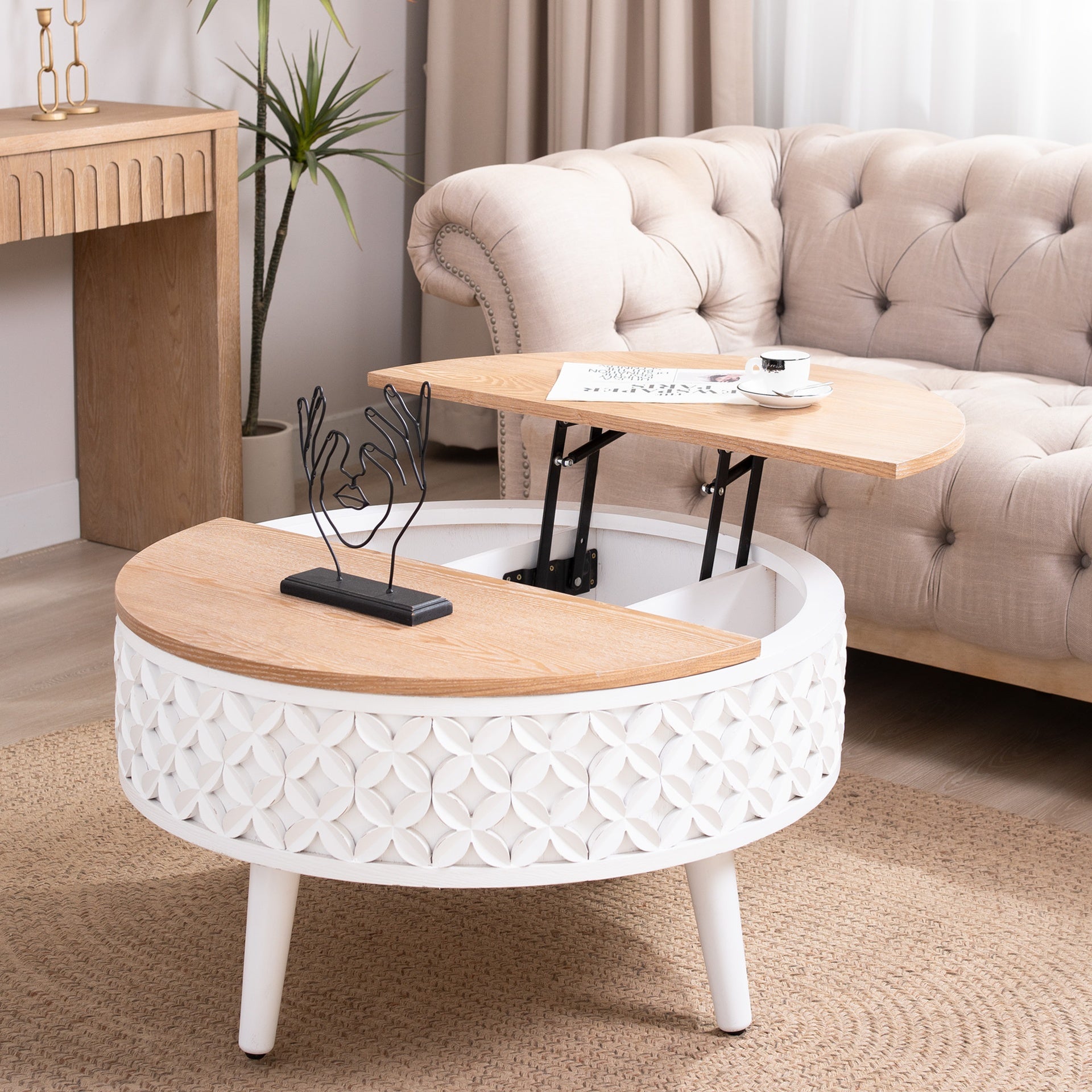 Round Coffee Table with Storage – 31.5" Lift-Top Accent Table, Boho Modern Farmhouse Living Room Furniture, White Carved Base with Natural Wood Top