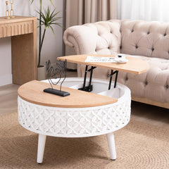Round Coffee Table with Storage – 31.5" Lift-Top Accent Table, Boho Modern Farmhouse Living Room Furniture, White Carved Base with Natural Wood Top