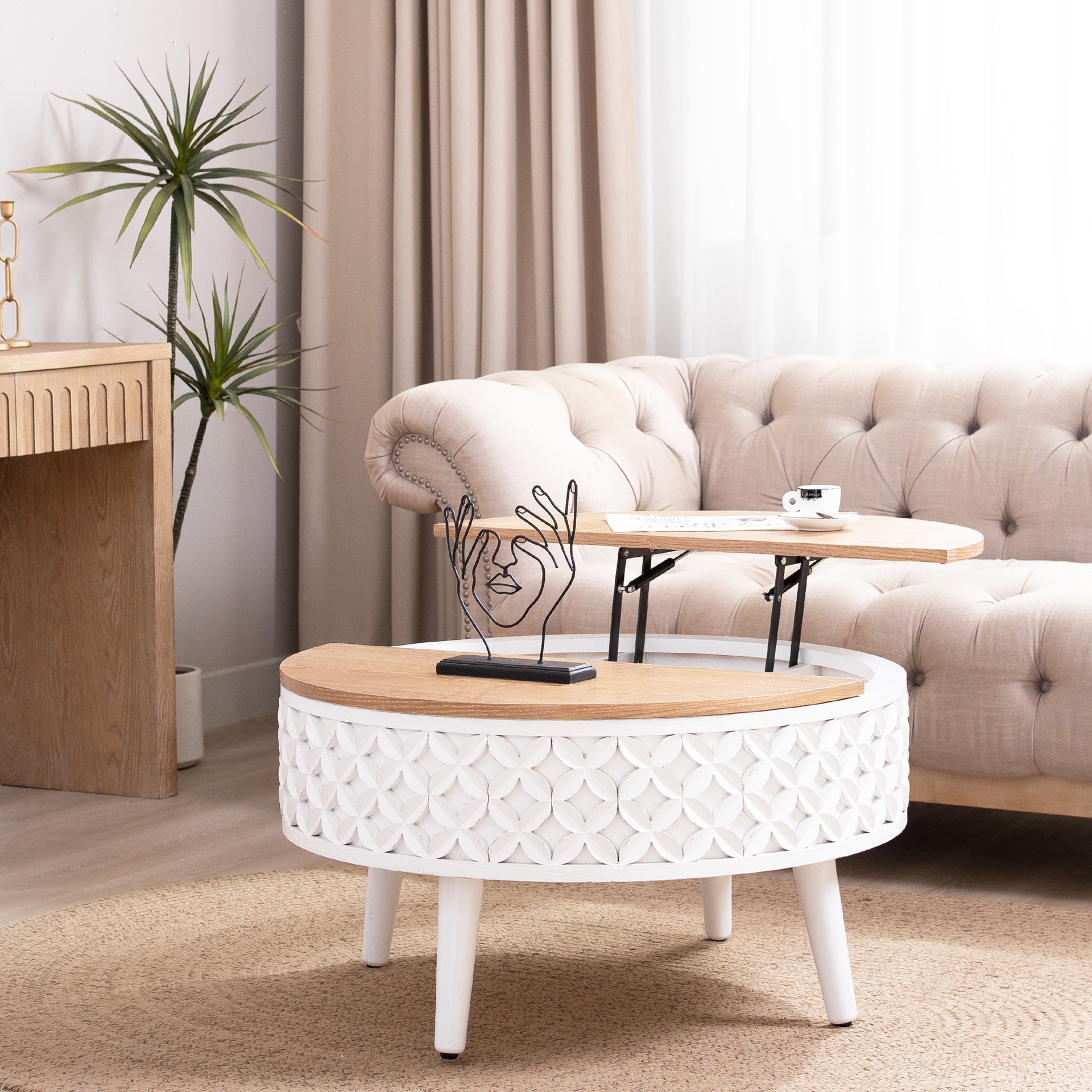 Round Coffee Table with Storage – 31.5" Lift-Top Accent Table, Boho Modern Farmhouse Living Room Furniture, White Carved Base with Natural Wood Top