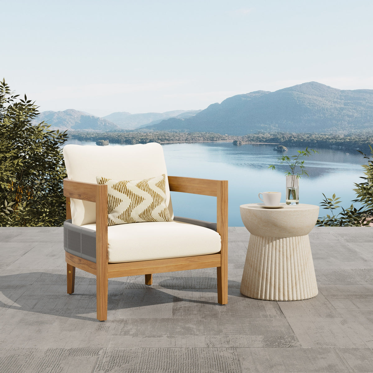 Porto Outdoor Club Chair And Concrete Travertine Side Table, Teak+Beige