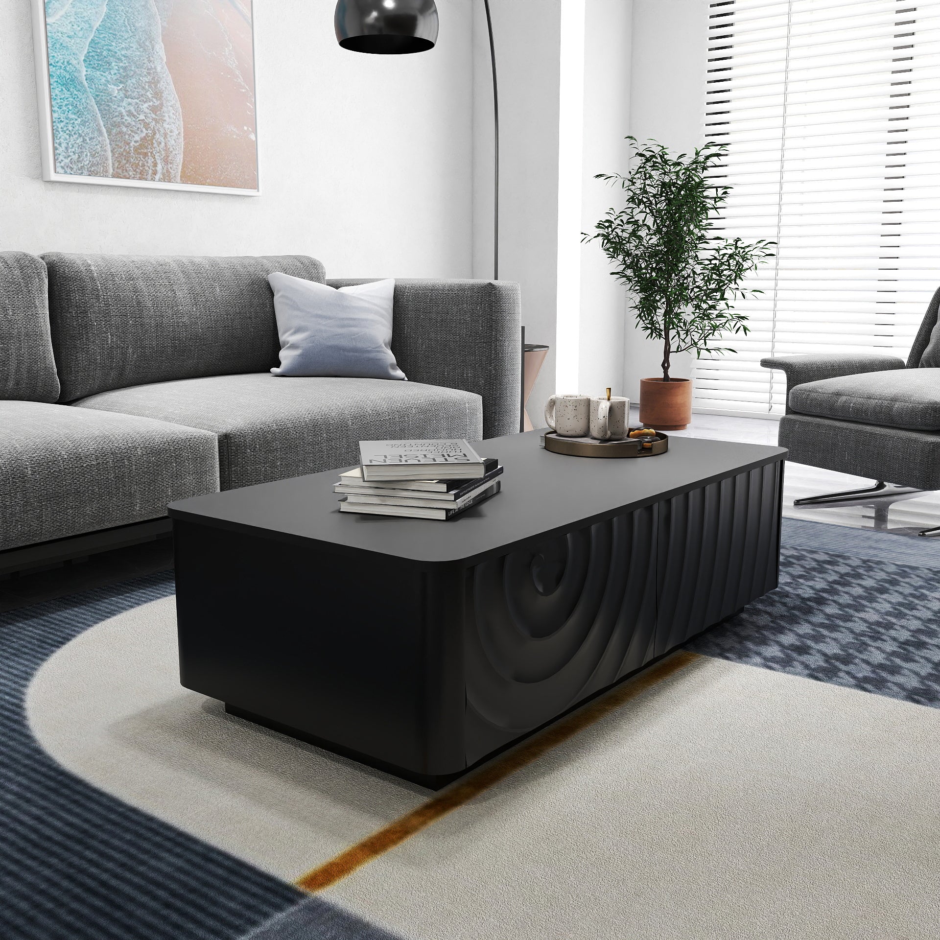 47'' Rectangle Coffee Table With Storage Modern Classic Square Spiral Grain Coffee Tables For Living Room Coffee Table With 2 Drawers (Black)