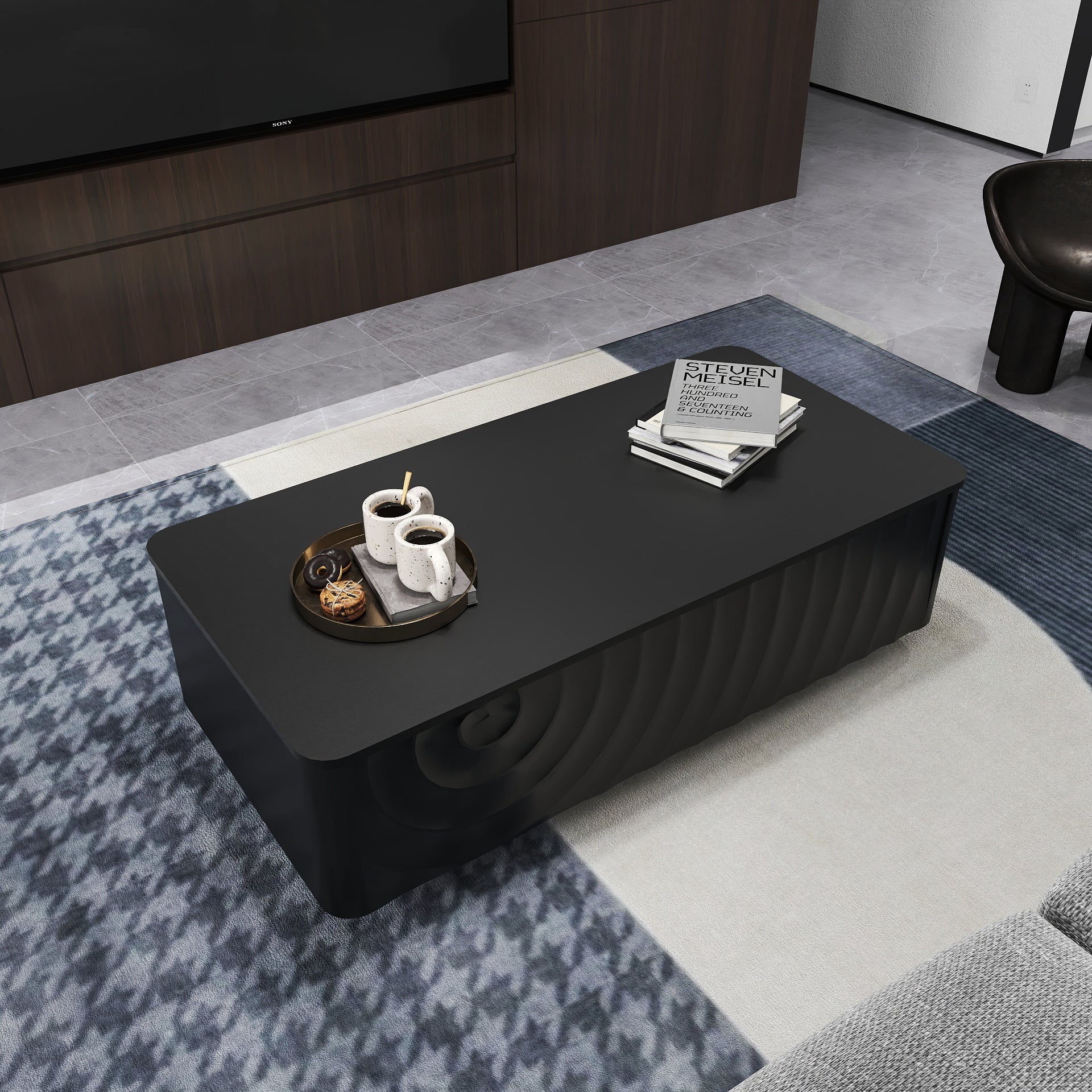 47'' Rectangle Coffee Table With Storage Modern Classic Square Spiral Grain Coffee Tables For Living Room Coffee Table With 2 Drawers (Black)