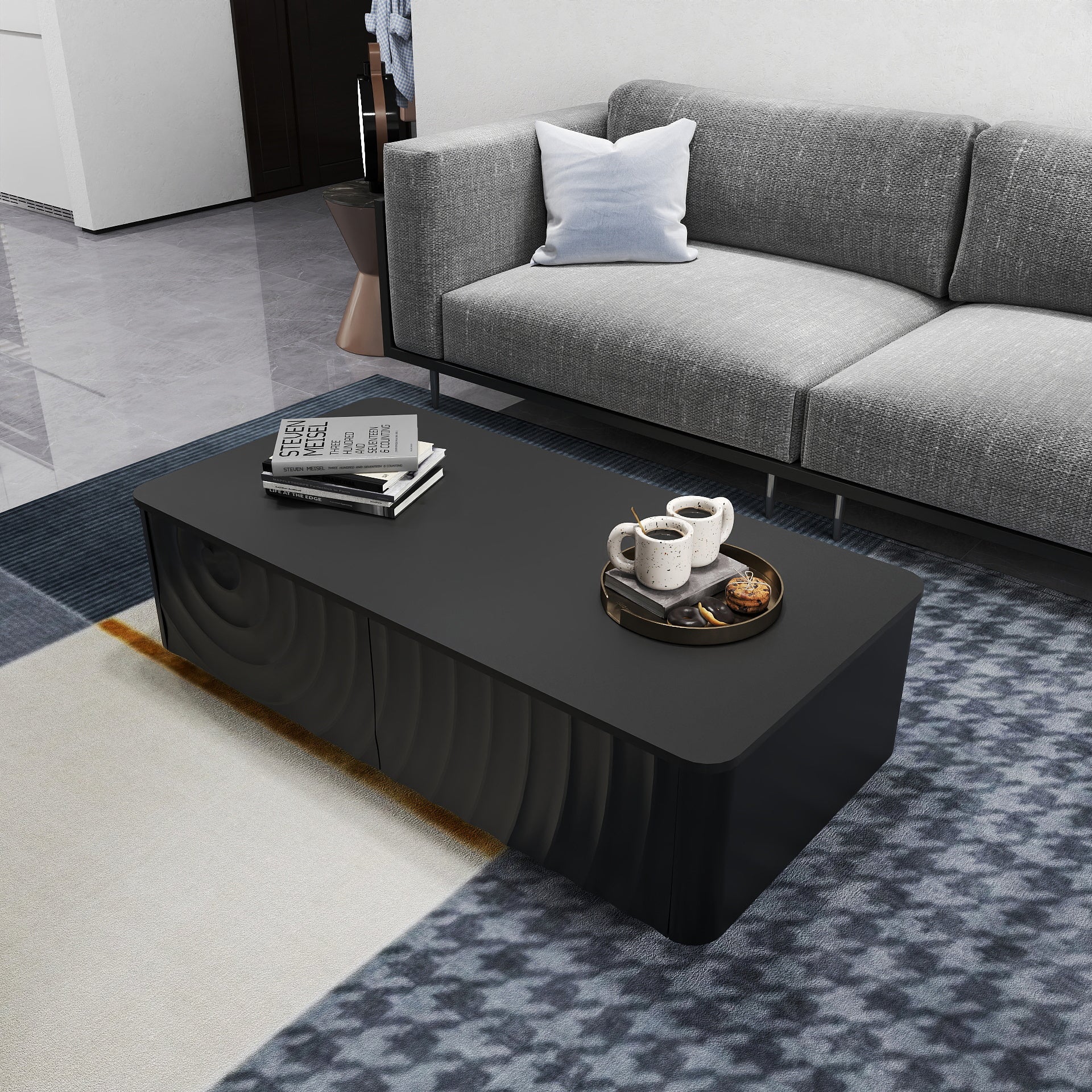47'' Rectangle Coffee Table With Storage Modern Classic Square Spiral Grain Coffee Tables For Living Room Coffee Table With 2 Drawers (Black)