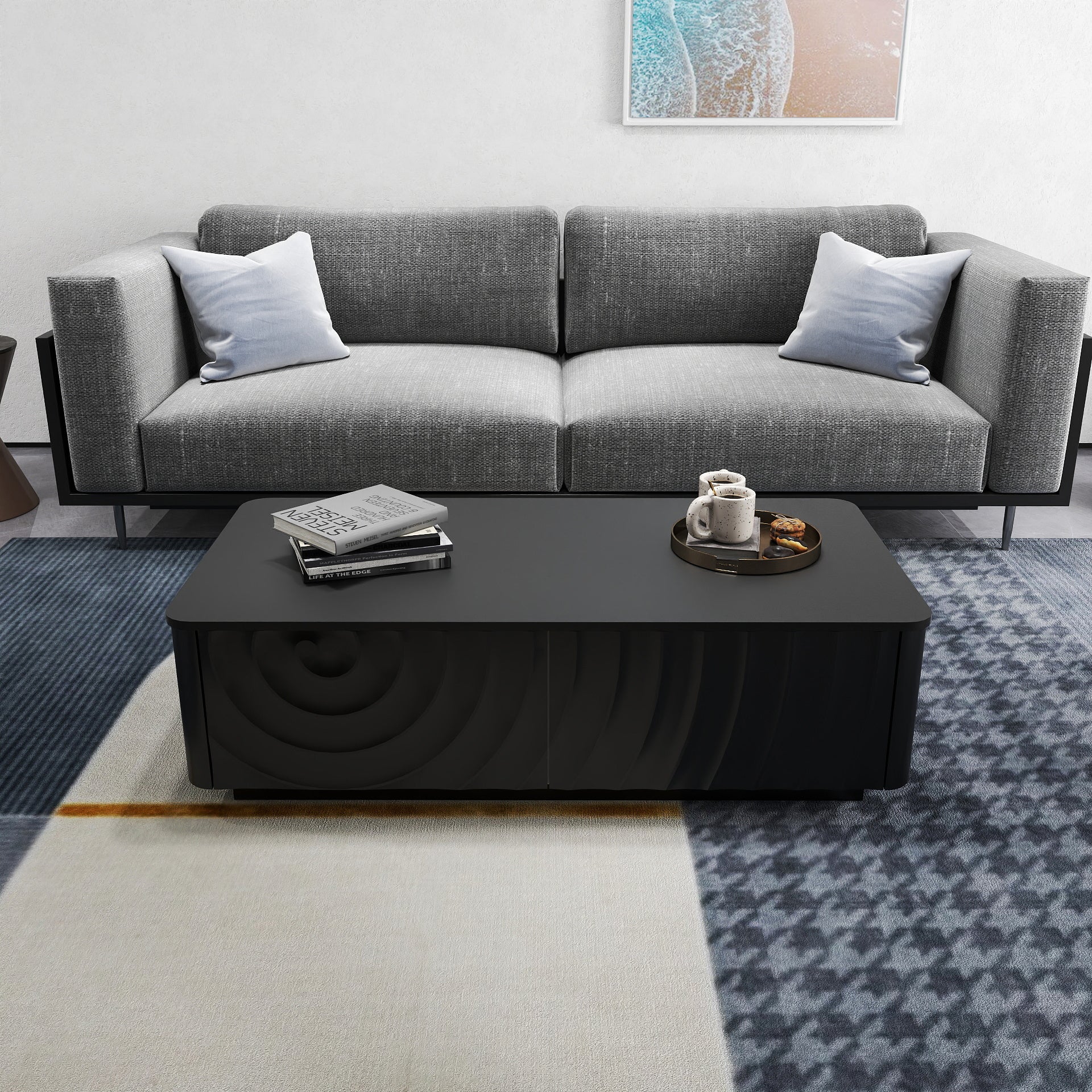 47'' Rectangle Coffee Table With Storage Modern Classic Square Spiral Grain Coffee Tables For Living Room Coffee Table With 2 Drawers (Black)