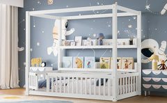 Twin Size Canopy Bed with Guardrails, Solid Wood Floor Bed with Shelves, Montessori Floor Bed Frame for Kids, Boys, Girls, No Spring Box Needed, White