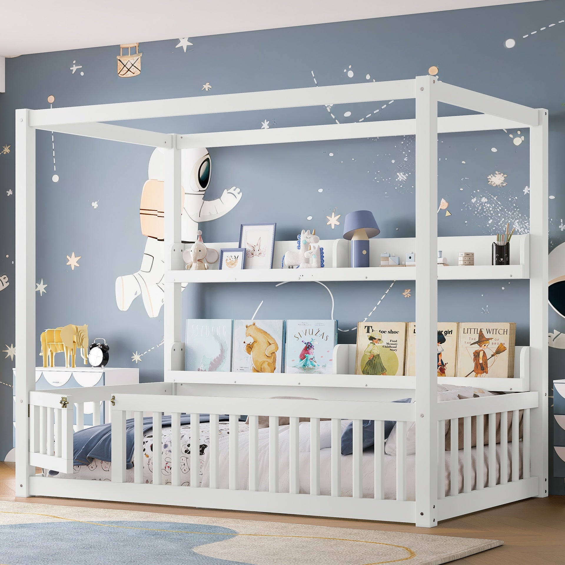 Twin Size Canopy Bed with Guardrails, Solid Wood Floor Bed with Shelves, Montessori Floor Bed Frame for Kids, Boys, Girls, No Spring Box Needed, White