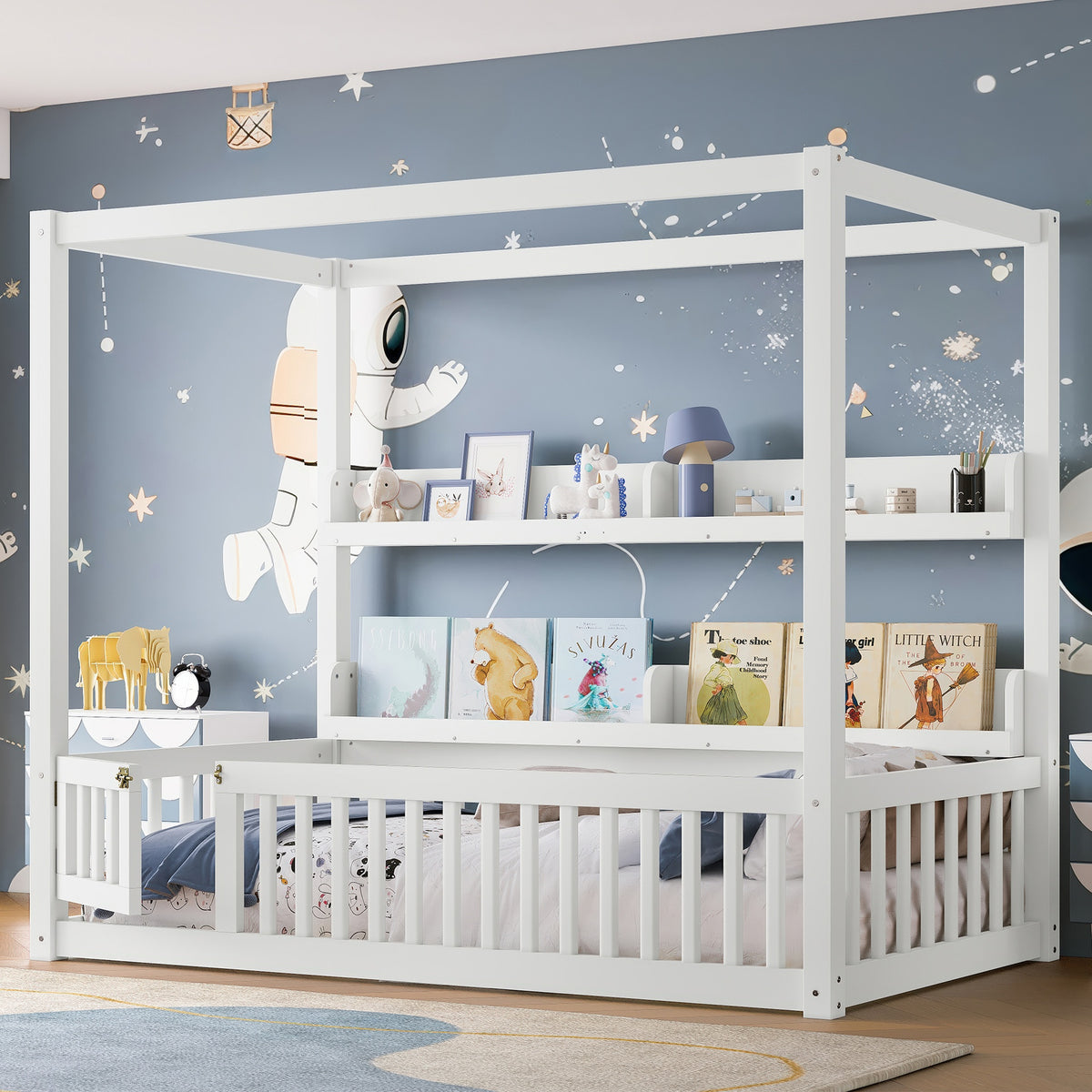 Twin Size Canopy Bed with Guardrails, Solid Wood Floor Bed with Shelves, Montessori Floor Bed Frame for Kids, Boys, Girls, No Spring Box Needed, White