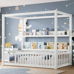 Twin Size Canopy Bed with Guardrails, Solid Wood Floor Bed with Shelves, Montessori Floor Bed Frame for Kids, Boys, Girls, No Spring Box Needed, White