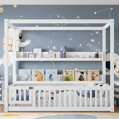 Twin Size Canopy Bed with Guardrails, Solid Wood Floor Bed with Shelves, Montessori Floor Bed Frame for Kids, Boys, Girls, No Spring Box Needed, White