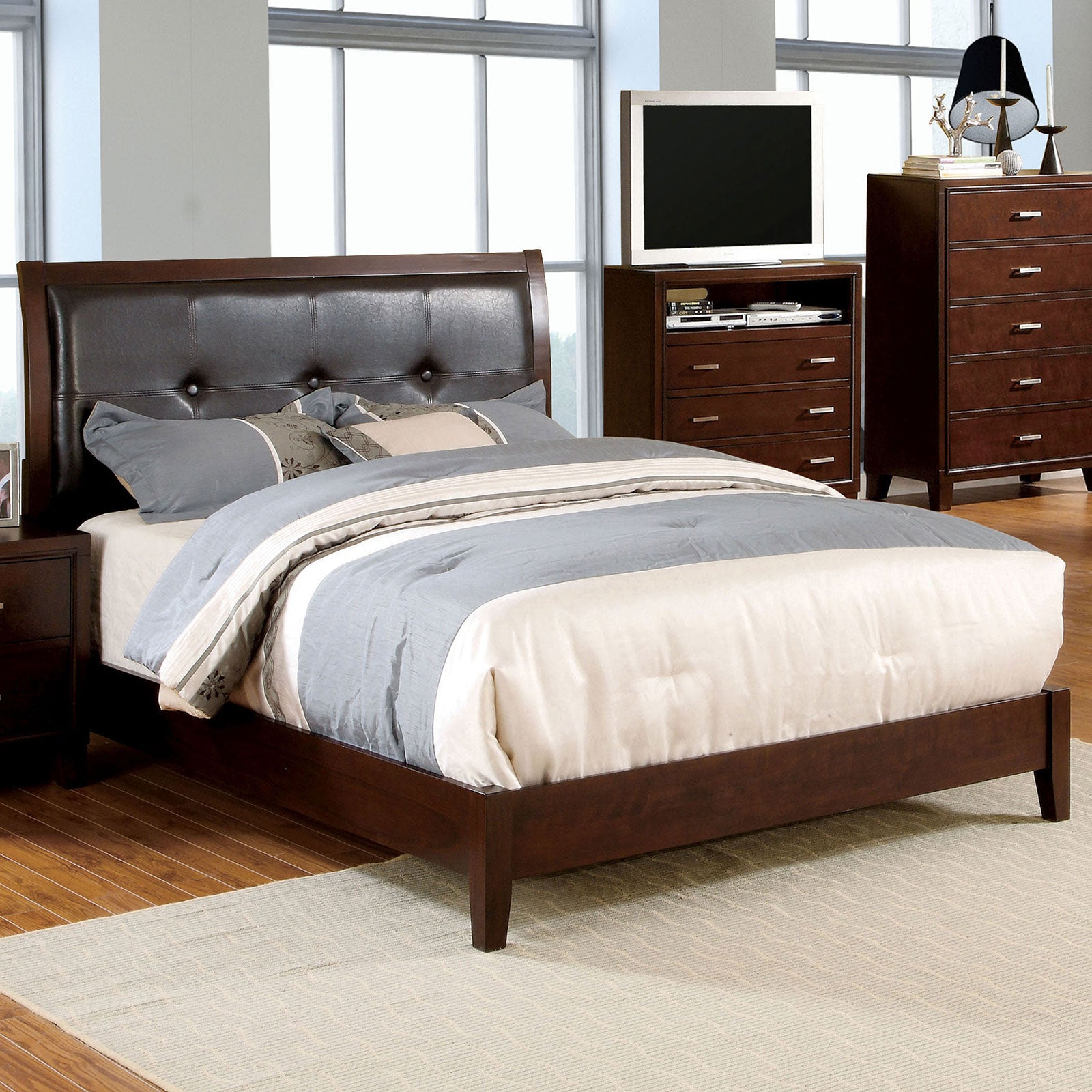 Eastern King Size Bed Brown Cherry Solidwood 1pc Bed Bedroom Button Tufted Headboard Contemporary Furniture