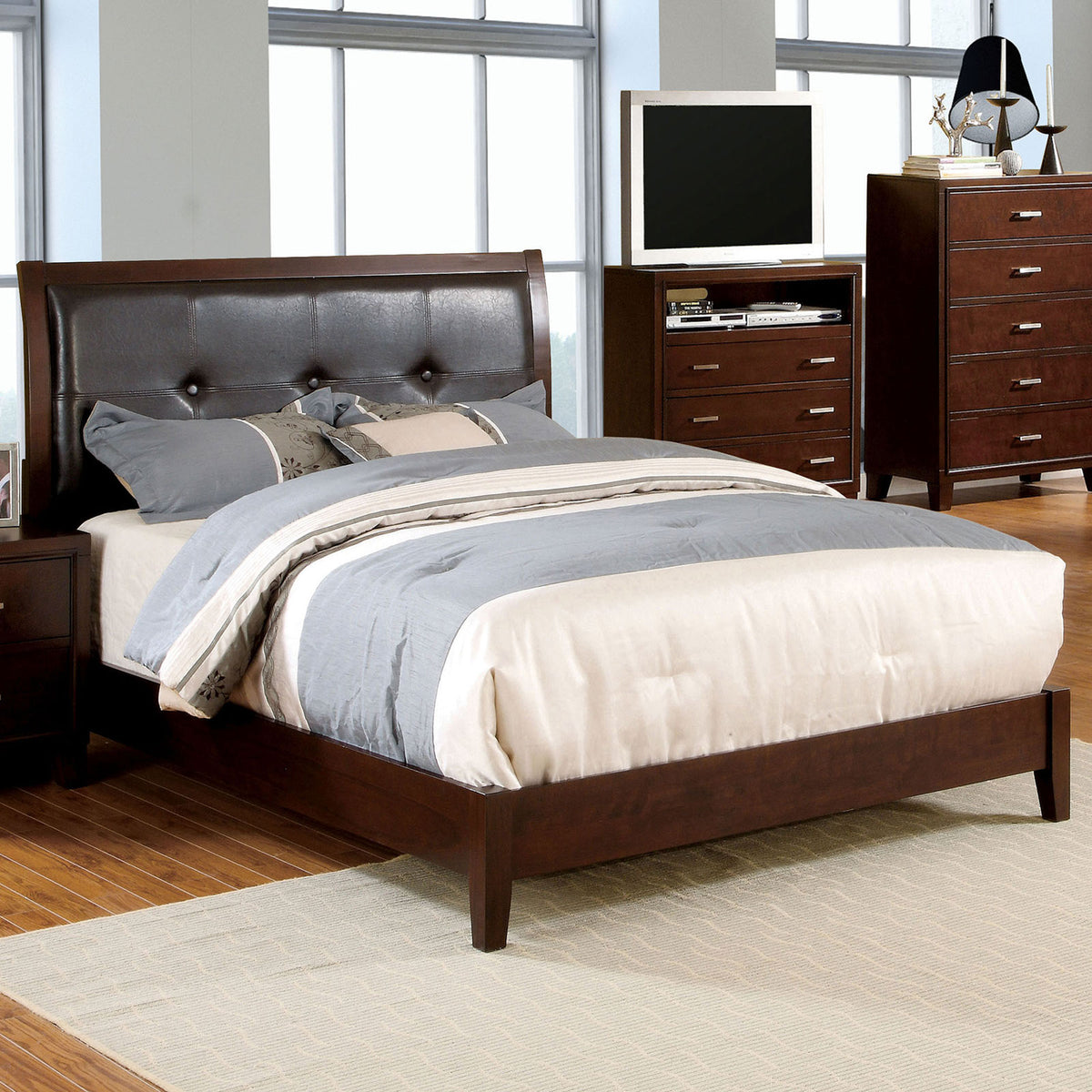 Eastern King Size Bed Brown Cherry Solidwood 1pc Bed Bedroom Button Tufted Headboard Contemporary Furniture