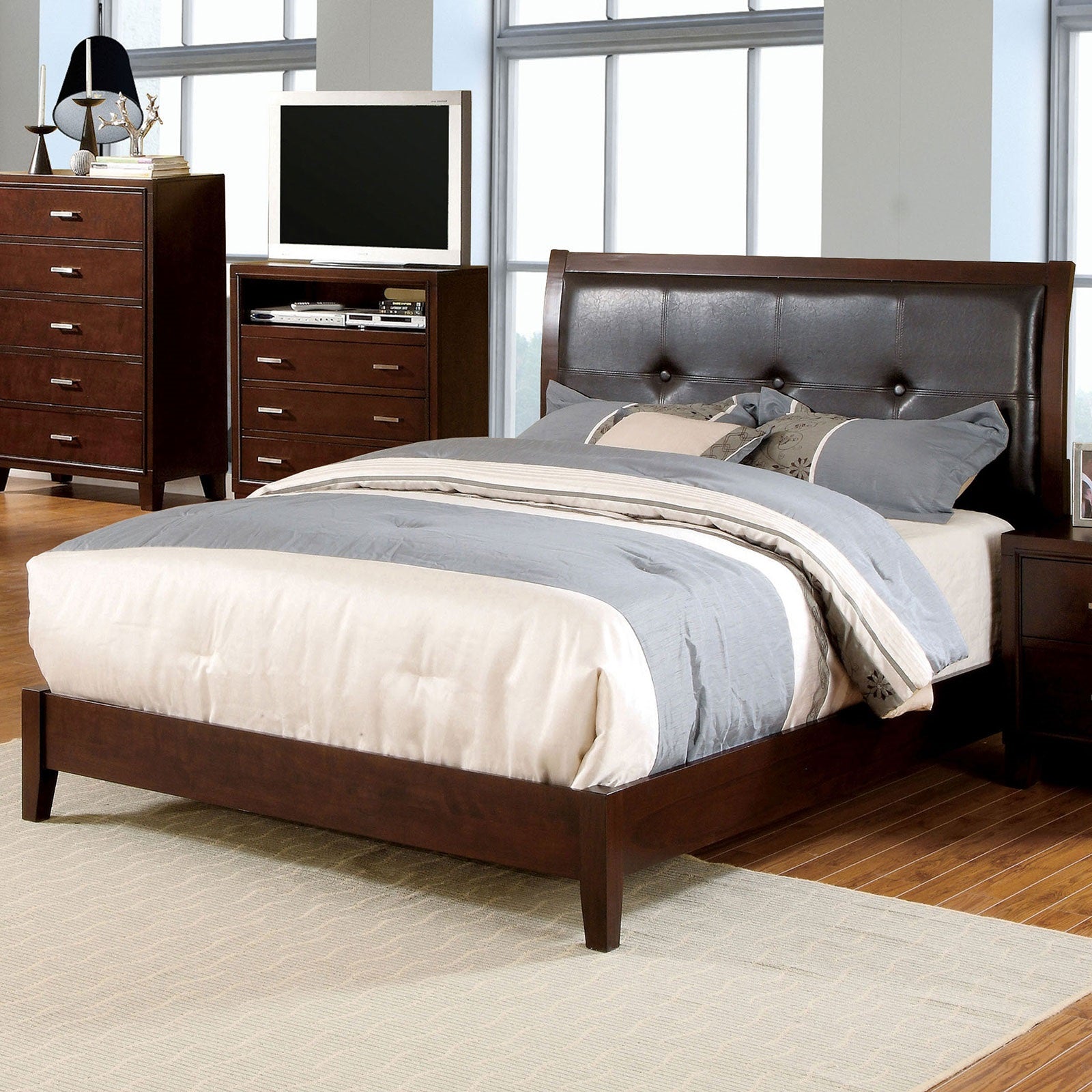 Eastern King Size Bed Brown Cherry Solidwood 1pc Bed Bedroom Button Tufted Headboard Contemporary Furniture