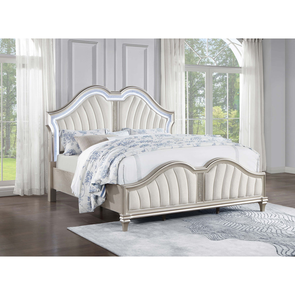 Katerina Ivory and Silver Oak Upholstered Platform Bed with LED Light