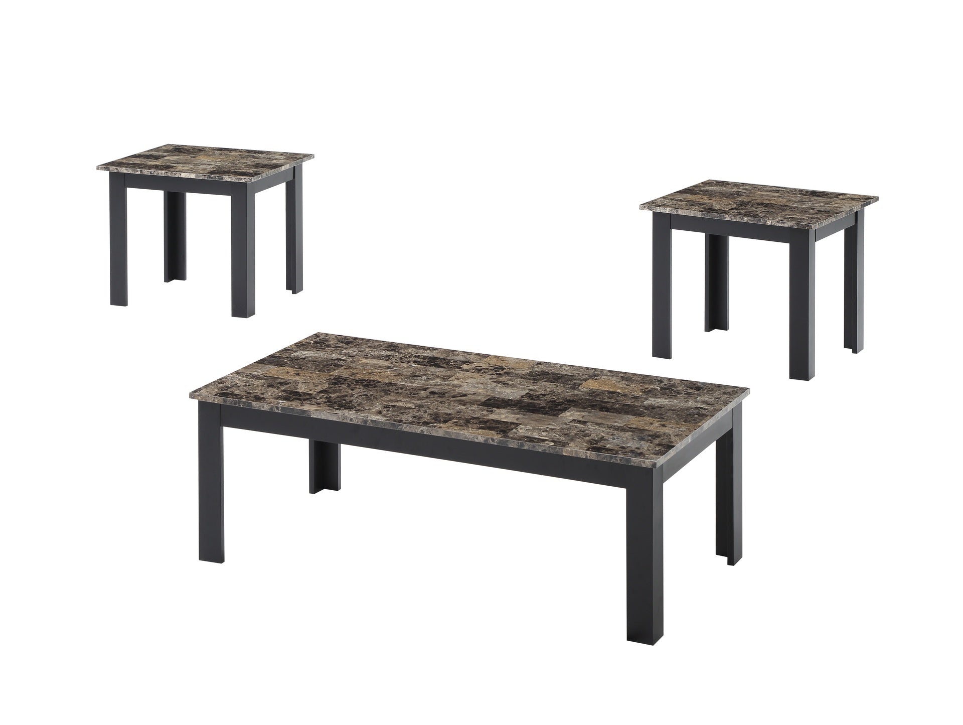 3pc Set Traditional Style Rectangular Coffee Table Square Shape End Table Wooden Legs Faux Marble Top Wooden Furniture Brown Finish