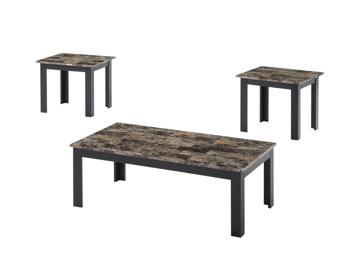 3pc Set Traditional Style Rectangular Coffee Table Square Shape End Table Wooden Legs Faux Marble Top Wooden Furniture Brown Finish