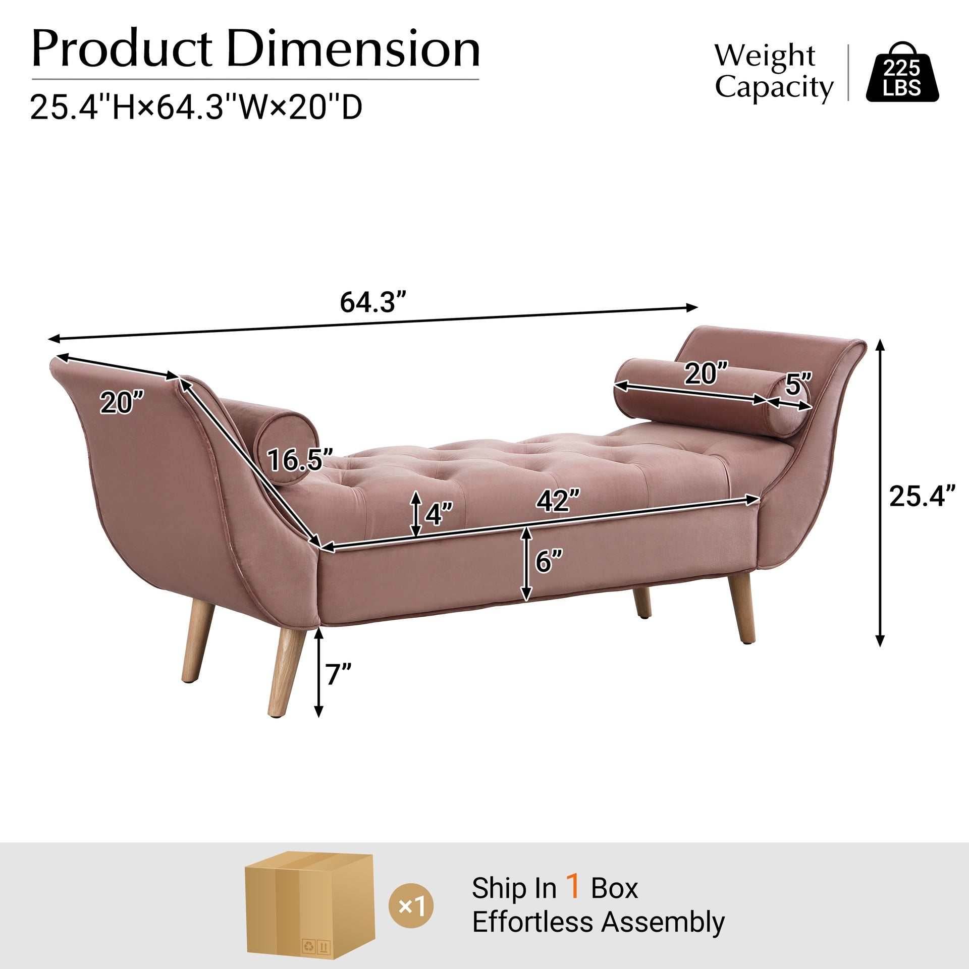 Upholstered Velvet Bench, End of Bed Bench with 2 Pillows, Upholstered Button Tufted Ottoman,Footstool with Rolled Arms, Foot Rest with Solid Wood Legs, for Entryway, Living Room ,Dining Room,Pink