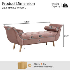 Upholstered Velvet Bench, End of Bed Bench with 2 Pillows, Upholstered Button Tufted Ottoman,Footstool with Rolled Arms, Foot Rest with Solid Wood Legs, for Entryway, Living Room ,Dining Room,Pink