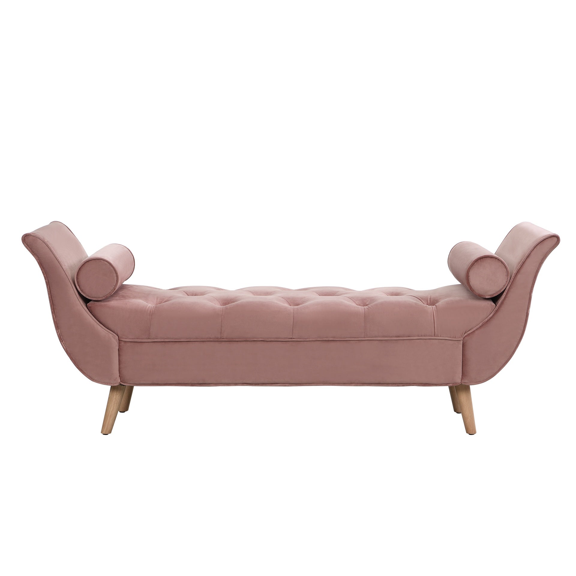 Upholstered Velvet Bench, End of Bed Bench with 2 Pillows, Upholstered Button Tufted Ottoman,Footstool with Rolled Arms, Foot Rest with Solid Wood Legs, for Entryway, Living Room ,Dining Room,Pink