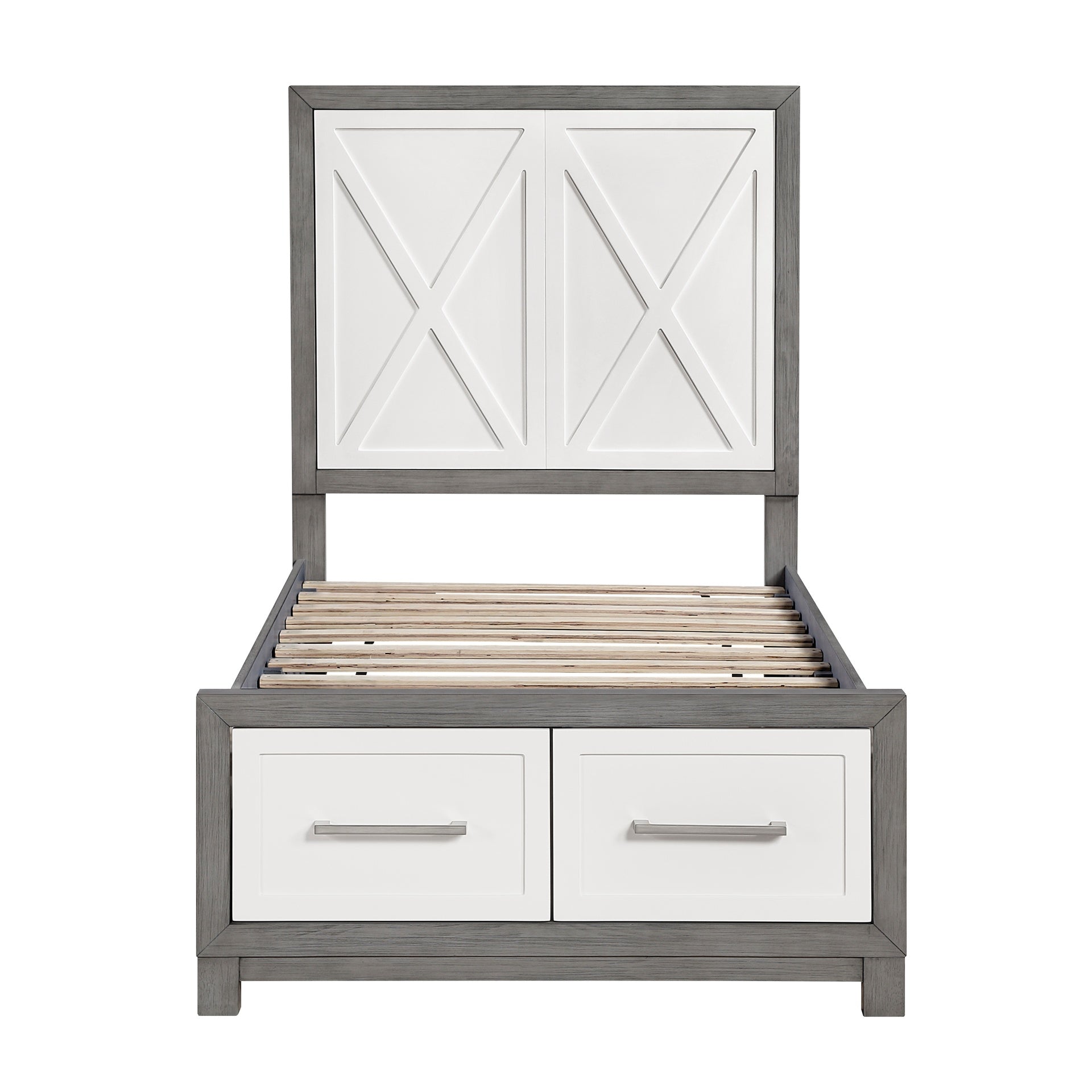 Contemporary Twin Size Platform Bed with Footboard Storage Ivory and Gray Finish Bedroom Furniture 1pc