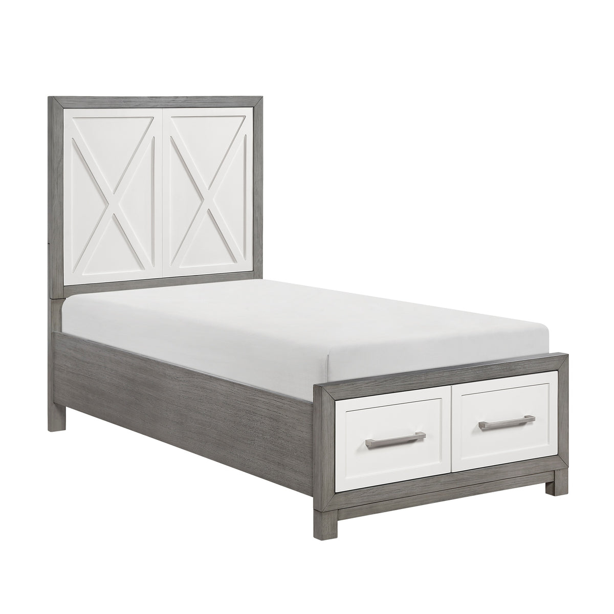 Contemporary Twin Size Platform Bed with Footboard Storage Ivory and Gray Finish Bedroom Furniture 1pc