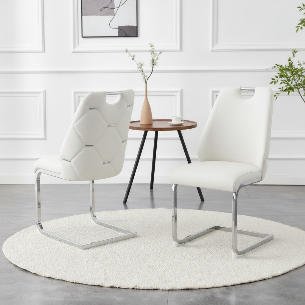 Dining Chairs Set of 2, White Faux Leather Kitchen Chairs with Gold Mesh Texture, Silver Back Ring and Chrome Pull Handle, High Back Upholstered Dining Room Chair ( White, Set of 2)