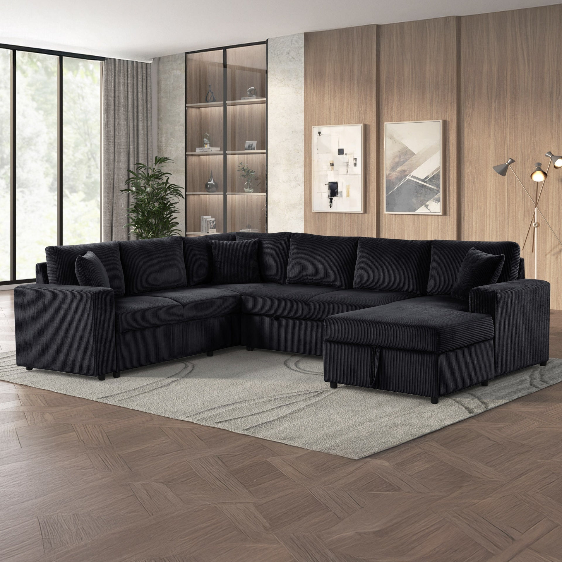 Ruxley 123"W Black Corduroy Sleeper Sectional Sofa with Right-Facing Storage Chaise and Throw Pillows
