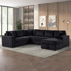 Ruxley 123"W Black Corduroy Sleeper Sectional Sofa with Right-Facing Storage Chaise and Throw Pillows