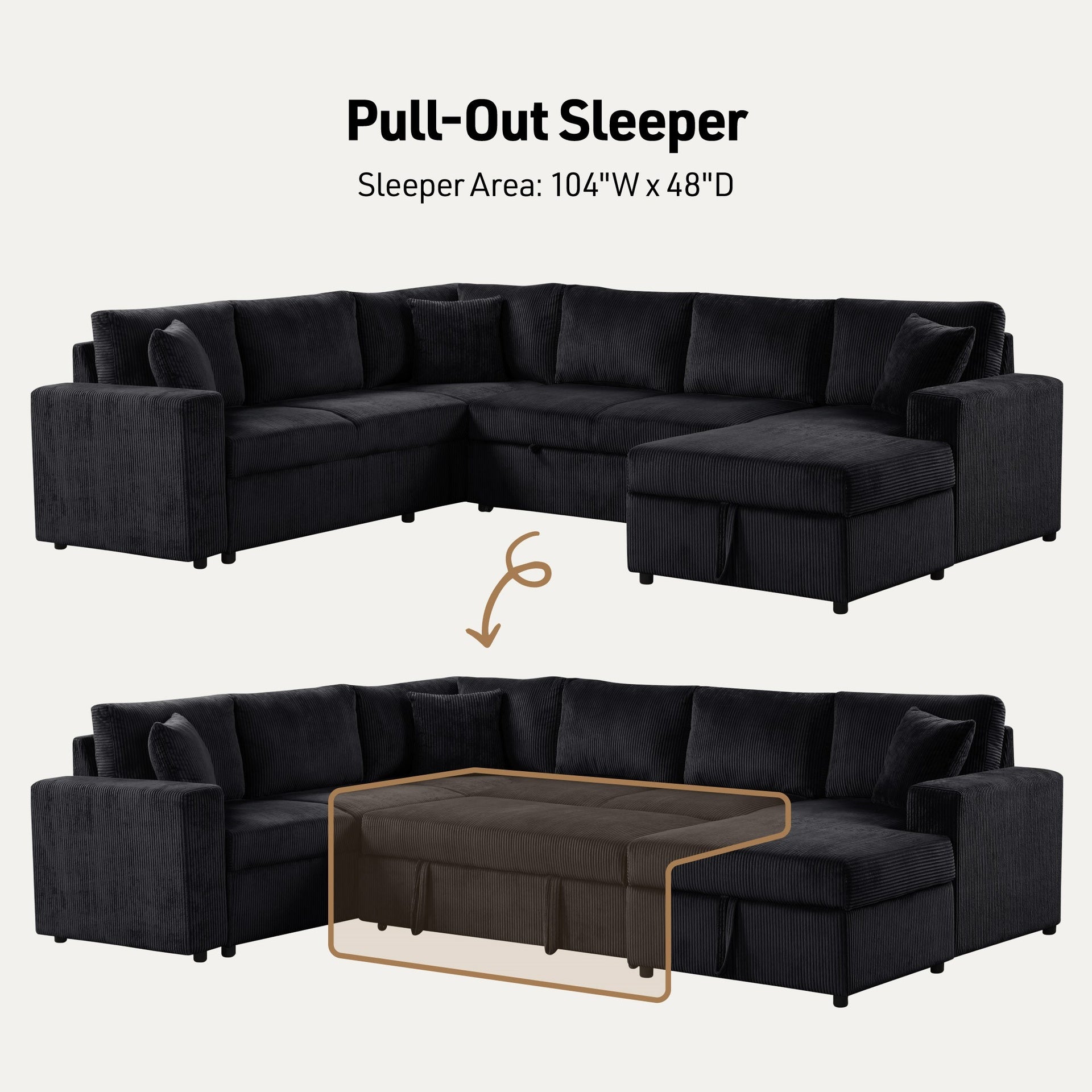 Ruxley 123"W Black Corduroy Sleeper Sectional Sofa with Right-Facing Storage Chaise and Throw Pillows
